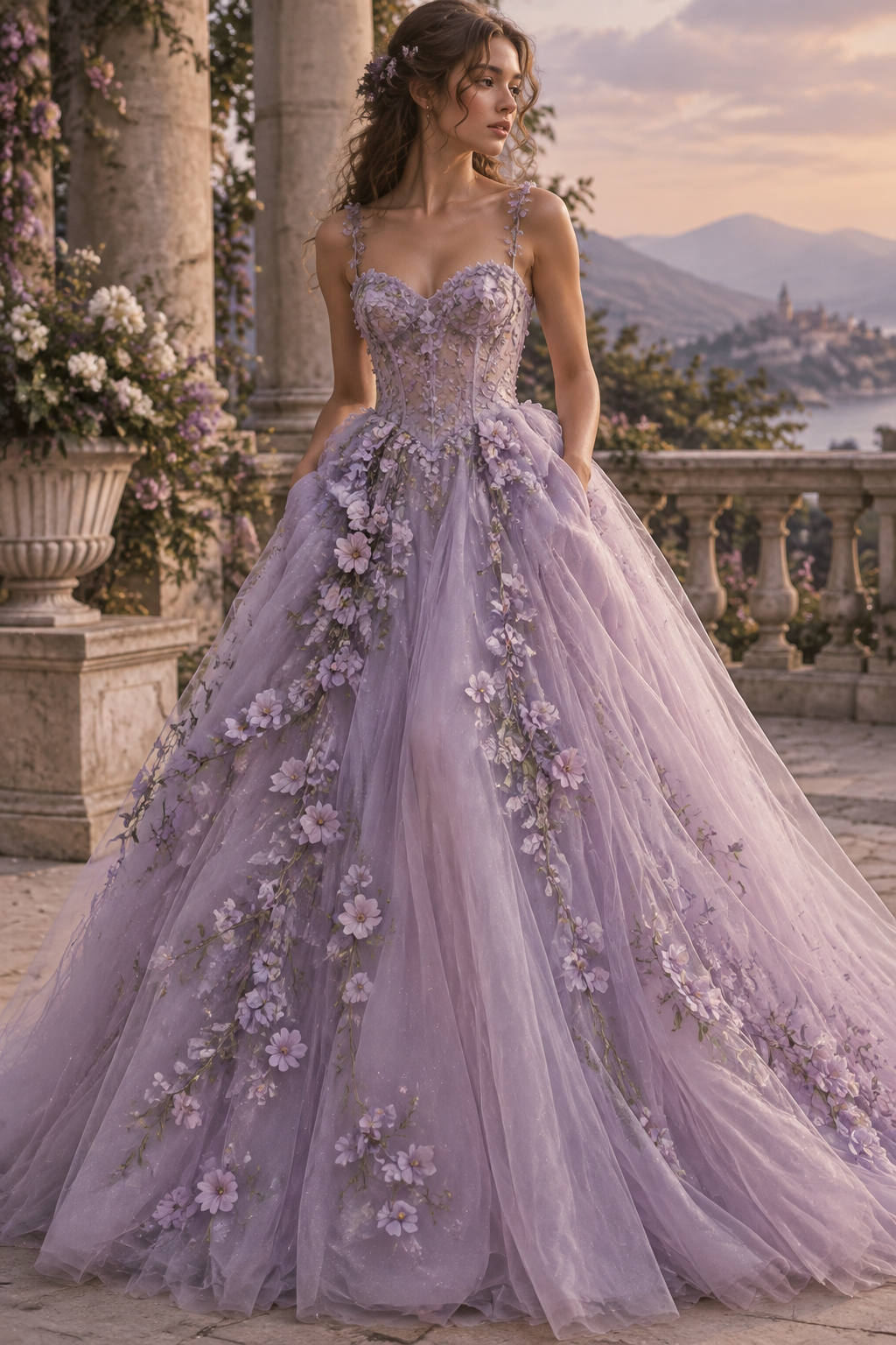 lavender ballgown with a sweetheart neckline, cascading floral appliques, and a full tulle skirt. The gown has pockets
lavender ballgown with a sweetheart neckline, cascading floral appliques, and a full tulle skirt. The gown has pockets, fairycore style
