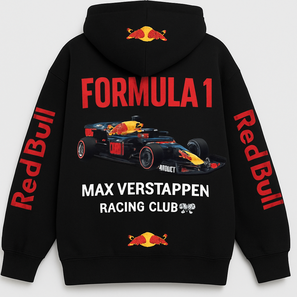 This hoodie design is a motorsport-inspired streetwear piece themed around Red Bull Racing and Formula 1. Here’s a detailed breakdown of its design elements:
	•	Base color: Black — provides a strong contrast that makes the bright graphics and logos pop.
	•	Main graphic (back):
	•	A large, detailed image of a Red Bull Formula 1 car in action.
	•	The text “FORMULA 1” repeated in bold white font across the upper back, creating a layered typographic effect.
	•	Under the car image, it includes the driver’s name — Max Verstappen — along with smaller sponsorship logos like Mobil 1, Honda, and Aston Martin.
	•	The bottom features the phrase “RACING CLUB” in bold type, with checkered flag details and a motivational racing quote beneath.
	•	Sleeves:
	•	Both sleeves have large vertical Red Bull text printed in vivid red, aligned from shoulder to wrist.
	•	Hood:
	•	The Red Bull logo with the two bulls and yellow sun is printed on the back of the hood — centered and eye-catching.
	•	Lower back:
	•	Another Red Bull logo in red and yellow, creating a cohesive visual balance between top and bottom.

Overall aesthetic:
It’s a high-energy racing hoodie that blends motorsport identity with streetwear boldness. The heavy graphic layering, sponsorship typography, and use of vivid red and yellow accents make it look authentic and performance-driven — ideal for fans of F1 or Red Bull’s racing legacy.

Streetwear fashion design: **Streetwear hoodie, oversized fit.** Black cotton. Large Red Bull F1 car graphic on back with "FORMULA 1" text. Max Verstappen name, sponsor logos. "RACING CLUB" with checkered flag. Red Red Bull text on sleeves. Red Bull logo on hood and lower back. Bold, vibrant.
