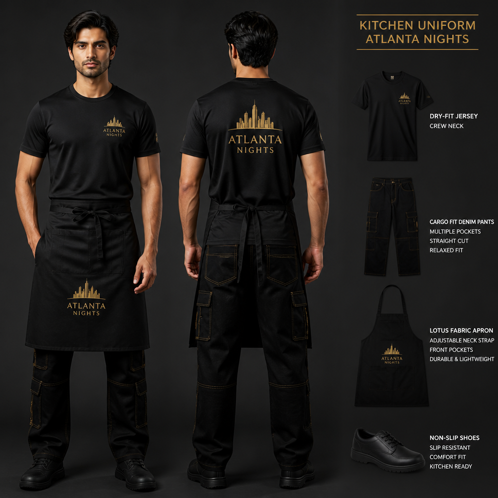 Mens kitchen staff uniform with black dry fit jersey with ATLANTA NIGHTS business logo with black cargo fit denim with multiple pockets and relaxed and gold stitching, streetwear inspired and black non-slip shoes. Include a black apron with the ATLANTA NIGHTS logo and pockets as well. The uniform is made of lotus fabric. Remove lotus flower from uniform
Mens kitchen uniform: Black dry-fit jersey, crew neck, with "ATLANTA NIGHTS" logo. Black cargo fit denim pants, straight cut, with multiple pockets, relaxed fit, gold stitching. Black lotus fabric apron with "ATLANTA NIGHTS" logo and pockets. Black non-slip shoes.