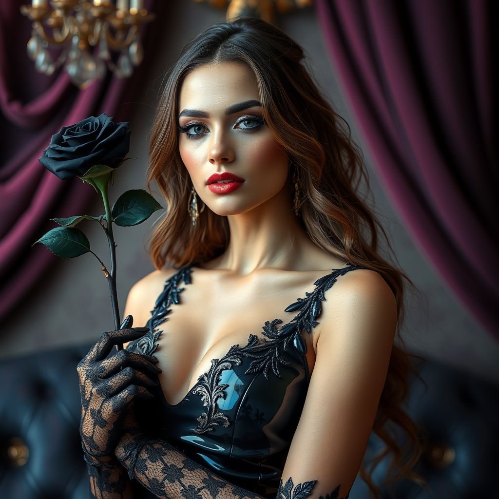"A mysterious woman in a Futuristic, glamour setting. She stands in a dimly lit, girly room, wearing a tight latex dress in dark psychedelic Pastel colors with subtle metallic reflections. Her stance is powerful and elegant, one hand resting on her hip, the other holding a black Rose. Her eyes glow with intelligence and control. Behind her, soft candlelight reflects on shiny latex curtains. The atmosphere is charged with hypnotic tension and artistic allure, like a painting come to life. Ultra-detailed, cinematic lighting, 4K realism."
A captivating vision of seduction. A tight, dark psychedelic latex dress envelops her curves, embellished with iridescent hues that catch whispers of light. Sophisticated, bold silhouettes accentuate her figure. Intricate black lace gloves grace her arms. A glossy black rose contrasts with her radiant aura. Ethereal essence mingling with opulent surroundings, pure artistry.