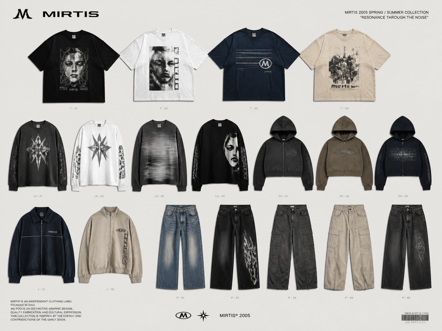 Create a complete fashion collection lineup for the independent clothing brand **MIRTIS**.
The collection must be presented together in ONE professional fashion collection sheet / lookbook image, with every garment clearly visible and distinguishable.
## COLLECTION
Create approximately 12–14 DIFFERENT garments:
* 4 oversized T-shirts
* 4 long-sleeves
* 3 cropped zip hoodies
* 2 lightweight jackets
* several wide-leg jeans / cargos
Do NOT make multiple copies of the same garment.
Every piece must have its own design and identity while still belonging to the same collection.
## CORE STYLE
Authentic **Y2K / early 2000s fashion**, approximately 2000–2008.
References:
* underground early-2000s streetwear
* music culture
* graphic-heavy fashion
* vintage magazine graphics
* experimental typography
* early digital aesthetics
* oversized silhouettes
* cropped zip hoodies
* wide bottoms
* premium independent fashion label
The collection should feel like a real fashion brand collection from the early 2000s, redesigned with a modern premium finish.
## VERY IMPORTANT — THIS IS NOT FUTURISTIC
DO NOT use:
* cyberpunk
* futuristic clothing
* sci-fi
* techwear
* military
* tactical clothing
* dystopian aesthetics
* post-apocalyptic aesthetics
* futuristic cities
* robots
* holograms
* HUD interfaces
* excessive digital effects
* "FUTURE"
* "2045"
* "2050"
* random technical numbers
* fake technological diagrams
Y2K ≠ futuristic.
The aesthetic must feel like **2000–2008**, not 2040.
## GARMENT DESIGN
Use the uploaded references as inspiration for the silhouettes and proportions.
Keep the garments wearable and realistic.
### ZIP HOODIES
The cropped zip hoodies MUST have clean hoods.
**NO DRAWSTRINGS.**
No cords.
No hanging strings.
No metal eyelets for drawstrings.
Do not add details that are not present in the reference.
## GRAPHICS / PRINTS
This is one of the most important parts.
Every garment must have a DIFFERENT graphic concept.
Do NOT repeat the same graphic on every garment.
Do NOT simply change the color of one design.
Create a variety of graphic approaches:
1. one minimal graphic
2. one strong photographic composition
3. one experimental typography design
4. one abstract graphic
5. one symbolic graphic
6. one layered Y2K magazine-style graphic
7. one asymmetric graphic
8. one small chest / large back graphic
9. one sleeve-focused design
10. one more minimal garment with almost no graphic
The graphics should feel intentionally designed by a professional fashion graphic designer.
They should NOT look like generic AI-generated artwork.
Avoid random objects thrown together.
Each print should communicate one clear visual idea.
## COLORS
Use a cohesive but varied palette:
* washed black
* black
* graphite
* dark blue
* stone grey
* warm beige
* white
* occasional muted red or blue accents
Do not make every garment black.
Do not make the entire collection monochrome.
## BRANDING
Do not put huge "MIRTIS" text across the clothing.
Branding should be subtle and integrated naturally.
If a logo is used, use the provided MIRTIS symbol/reference.
## COLLECTION COHESION
The garments must look like they belong to ONE fashion collection.
However:
**COHESIVE ≠ IDENTICAL.**
Each garment needs a different graphic, different composition or different design approach.
The collection should look like a professional designer intentionally created 12–14 different pieces.
## PRESENTATION
Create a clean professional fashion collection presentation.
Show all garments clearly.
Use consistent studio lighting and neutral background.
No dramatic scenery.
No futuristic environment.
No models hiding the clothing.
The clothing itself is the focus.
High-end fashion lookbook / designer collection presentation.
Realistic fabric, realistic seams, realistic prints and believable garment construction.
### FINAL PRIORITY
1. Different garments
2. Different graphics
3. Authentic Y2K 2000–2008 aesthetic
4. Cohesive MIRTIS visual identity
5. Realistic manufacturable clothing
6. No futuristic / cyberpunk / apocalypse aesthetics
7. NO DRAWSTRINGS ON ZIP HOODIES
The final image must look like a **real independent Y2K fashion brand collection**, not an AI concept-art collage.
Create a complete fashion collection lineup for the independent clothing brand **MIRTIS**.
The collection must be presented together in ONE professional fashion collection sheet / lookbook image, with every garment clearly visible and distinguishable.
## COLLECTION
Create approximately 12–14 DIFFERENT garments:
* 4 oversized T-shirts
* 4 long-sleeves
* 3 cropped zip hoodies
* 2 lightweight jackets
* several wide-leg jeans / cargos
Do NOT make multiple copies of the same garment.
Every piece must have its own design and identity while still belonging to the same collection.
## CORE STYLE
Authentic **Y2K / early 2000s fashion**, approximately 2000–2008.
References:
* underground early-2000s streetwear
* music culture
* graphic-heavy fashion
* vintage magazine graphics
* experimental typography
* early digital aesthetics
* oversized silhouettes
* cropped zip hoodies
* wide bottoms
* premium independent fashion label
The collection should feel like a real fashion brand collection from the early 2000s, redesigned with a modern premium finish.
## VERY IMPORTANT — THIS IS NOT FUTURISTIC
DO NOT use:
* cyberpunk
* futuristic clothing
* sci-fi
* techwear
* military
* tactical clothing
* dystopian aesthetics
* post-apocalyptic aesthetics
* futuristic cities
* robots
* holograms
* HUD interfaces
* excessive digital effects
* "FUTURE"
* "2045"
* "2050"
* random technical numbers
* fake technological diagrams
Y2K ≠ futuristic.
The aesthetic must feel like **2000–2008**, not 2040.
## GARMENT DESIGN
Use the uploaded references as inspiration for the silhouettes and proportions.
Keep the garments wearable and realistic.
### ZIP HOODIES
The cropped zip hoodies MUST have clean hoods.
**NO DRAWSTRINGS.**
No cords.
No hanging strings.
No metal eyelets for drawstrings.
Do not add details that are not present in the reference.
## GRAPHICS / PRINTS
This is one of the most important parts.
Every garment must have a DIFFERENT graphic concept.
Do NOT repeat the same graphic on every garment.
Do NOT simply change the color of one design.
Create a variety of graphic approaches:
1. one minimal graphic
2. one strong photographic composition
3. one experimental typography design
4. one abstract graphic
5. one symbolic graphic
6. one layered Y2K magazine-style graphic
7. one asymmetric graphic
8. one small chest / large back graphic
9. one sleeve-focused design
10. one more minimal garment with almost no graphic
The graphics should feel intentionally designed by a professional fashion graphic designer.
They should NOT look like generic AI-generated artwork.
Avoid random objects thrown together.
Each print should communicate one clear visual idea.
## COLORS
Use a cohesive but varied palette:
* washed black
* black
* graphite
* dark blue
* stone grey
* warm beige
* white
* occasional muted red or blue accents
Do not make every garment black.
Do not make the entire collection monochrome.
## BRANDING
Do not put huge "MIRTIS" text across the clothing.
Branding should be subtle and integrated naturally.
If a logo is used, use the provided MIRTIS symbol/reference.
## COLLECTION COHESION
The garments must look like they belong to ONE fashion collection.
However:
**COHESIVE ≠ IDENTICAL.**
Each garment needs a different graphic, different composition or different design approach.
The collection should look like a professional designer intentionally created 12–14 different pieces.
## PRESENTATION
Create a clean professional fashion collection presentation.
Show all garments clearly.
Use consistent studio lighting and neutral background.
No dramatic scenery.
No futuristic environment.
No models hiding the clothing.
The clothing itself is the focus.
High-end fashion lookbook / designer collection presentation.
Realistic fabric, realistic seams, realistic prints and believable garment construction.
### FINAL PRIORITY
1. Different garments
2. Different graphics
3. Authentic Y2K 2000–2008 aesthetic
4. Cohesive MIRTIS visual identity
5. Realistic manufacturable clothing
6. No futuristic / cyberpunk / apocalypse aesthetics
7. NO DRAWSTRINGS ON ZIP HOODIES
The final image must look like a **real independent Y2K fashion brand collection**, not an AI concept-art collage.