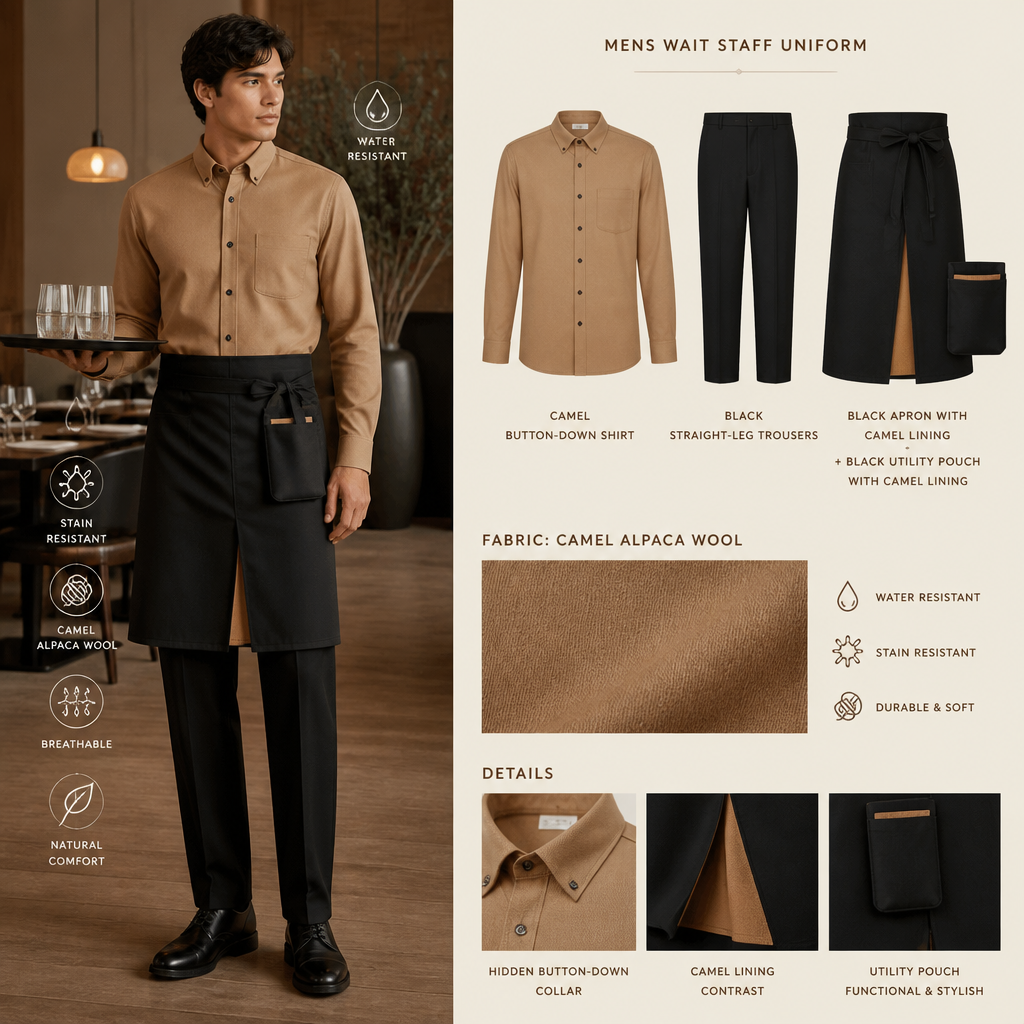 Create a uniform for male wait staff that is camel colored, tailored relaxed fit made of alpaca wool, stain resistant and water resistant. Include pants and apron. Button down shirt should be camel colored, pants should be black, and the apron and pouch should be black. The apron and pouch should have camel lining
Create a uniform for male wait staff from camel alpaca wool, tailored relaxed fit, stain-resistant and water-resistant. Includes camel long-sleeve button-down shirt, black straight-leg trousers, and a black apron with a camel lining and black utility pouch with a camel lining.