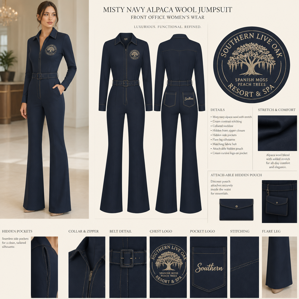 misty navy warm, collared, belted, and stretchy long-sleeve timeless elegance professional flare leg non-jean jumpsuit made of alpaca wool with cream cursive font embroidered "Georgian Crystal at Blue Ridge Resort" logo pocket with cream stitching, then add hidden misty navy pockets. Make sure non-sheen pockets have cream stitching. Include an attachable hidden misty navy pouch to hold pens, a small pen pad, front office cordless phone, and front office keys. Large logo should include a cream-stitched only Southern Live Oak Tree with Spanish Moss and Peach Trees with fallen peaches, influenced by the Atlanta skyline on the front chest area only, and The entire front chest logo size should be the size of a circular plate, including the resort name within the circular plate only. Create a design for women in the front office only.
Misty navy alpaca wool jumpsuit. Collared, belted, flare leg silhouette. Stretchy fabric. Cream cursive logo on pocket, cream stitching. Hidden misty navy pockets, cream stitching. Attach-able hidden misty navy pouch. Large circular chest logo: cream-stitched Southern Live Oak, Spanish Moss, Peach Trees, resort name. Front office women's wear.