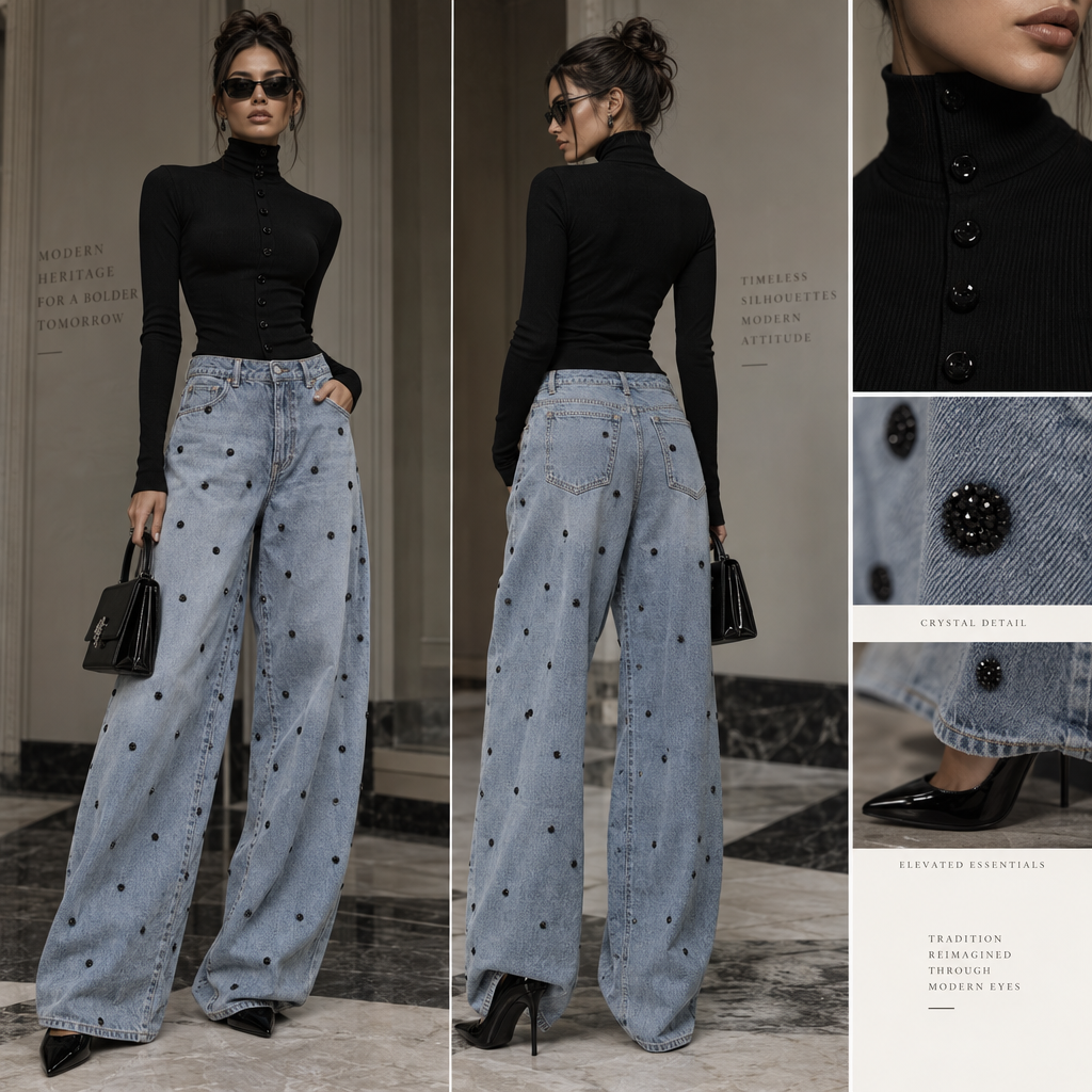 Baggy light blue jeans with black crystal pokadots on jean. Black button up turtleneck tight top with long sleeves. Black high heel.
Baggy light blue jeans with black crystal pokadots on jean. Black button up turtleneck tight top with long sleeves. Black high heel., haute couture style
