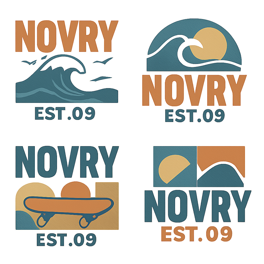Create a variety of streetwear-style t-shirt and hoodie graphics and logos, featuring bold, trendy designs inspired by California surf vibes and urban lifestyle. Include abstract patterns, oversized typography, retro logos, subtle animal motifs like seagulls, waves, sunsets, skaters, or cars. Designs should be youthful, casual, and edgy, suitable for screen printing on apparel. Use muted pastels, washed denim blues, and earth tones, with clean lines and modern style. Vector-ready, high-detail, wearable streetwear aesthetic logos, including novry est.09

Streetwear fashion design: Streetwear graphics for tees and hoodies. Bold designs with abstract shapes, oversized text, and retro logos. Think California surf and city vibe. Include subtle seagulls, waves, or skateboards. Cotton fabric. Muted pastels, denim blue, and earth tones. Loose fit. For screen printing. Vector-ready. "novry est.09" included.