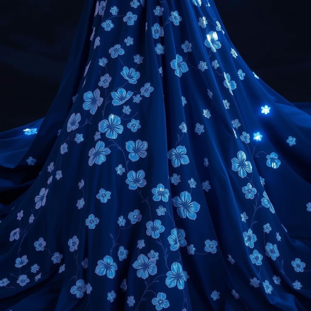 willow gown  like in moonlight garden.mostly the midnight bleu. and embroidered Most of the flower Sakura petals are a soft light blue. The background and shaded areas between flowers are a deep blue

Willow gown, ethereal silhouette, cascading layers of midnight blue silk. Embellished with delicate embroidery, shimmering cherry blossom petals in soft light blue, scattered across the fabric. Intricate floral patterns intertwine, enhancing the enchantment. Deep blue shadows cradle the blossoms, creating a mystical aura inspired by a moonlit garden, inviting dreams of serenity.