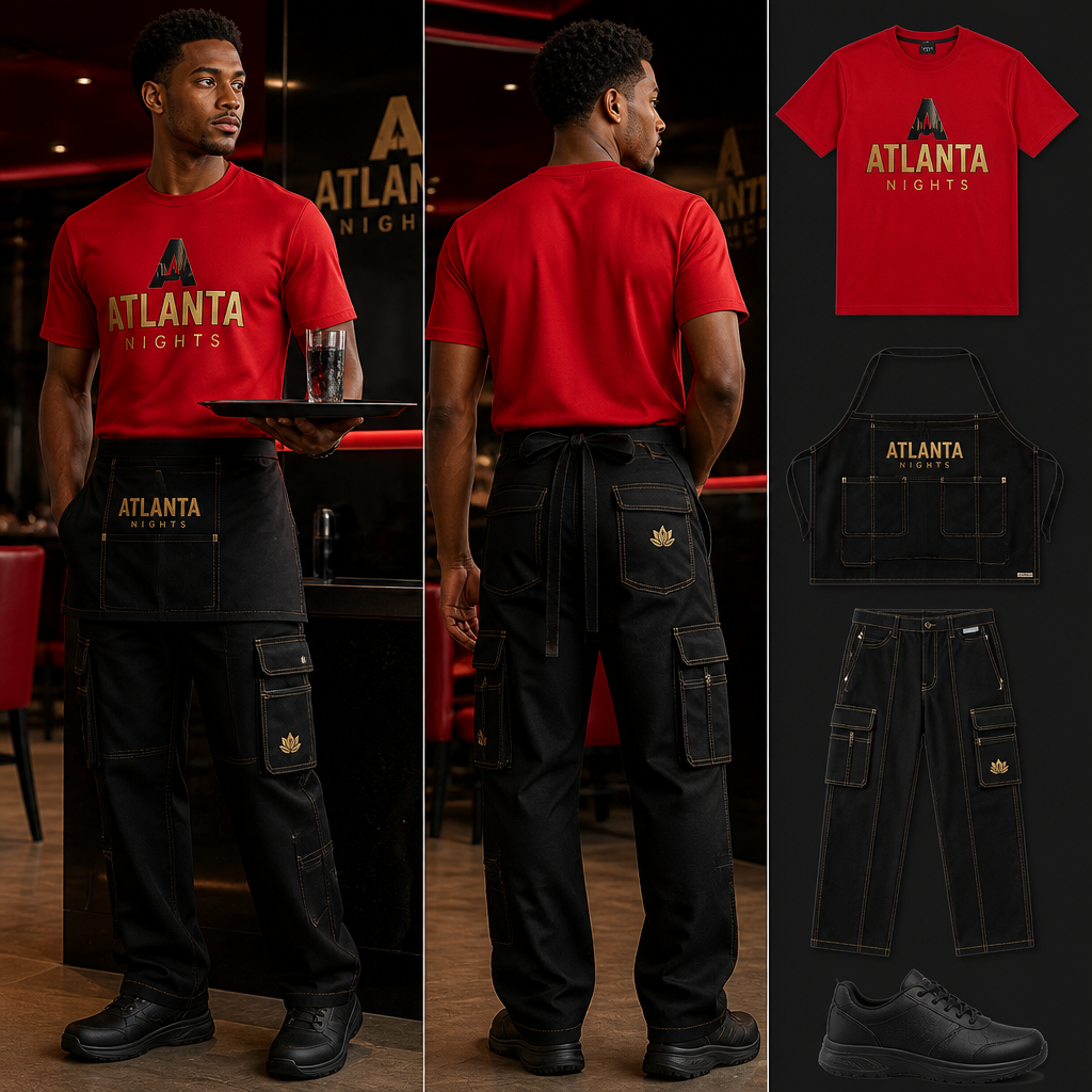 Mens wait staff uniform with red dry fit jersey with ATLANTA NIGHTS business logo with black cargo fit denim with multiple pockets and relaxed and gold stitching, streetwear inspired and black non-slip shoes. Include a black apron with the ATLANTA NIGHTS logo and pockets as well. The uniform is made of lotus fabric
Men's wait staff uniform. Top: Red dry-fit jersey, crew neck, short sleeve, ATLANTA NIGHTS logo. Bottom: Black lotus fabric cargo denim, relaxed fit, straight cut leg, multiple pockets, gold stitching. Apron: Black lotus fabric, ATLANTA NIGHTS logo, pockets. Shoes: Black non-slip. Streetwear style.