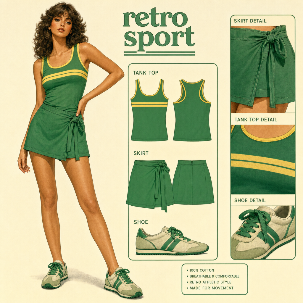 Green cotton short skirt with tie. Green tank top with yellow strip and green gym shoe with green laces.
Green cotton short skirt with tie. Green tank top with yellow strip and green gym shoe with green laces., retro style