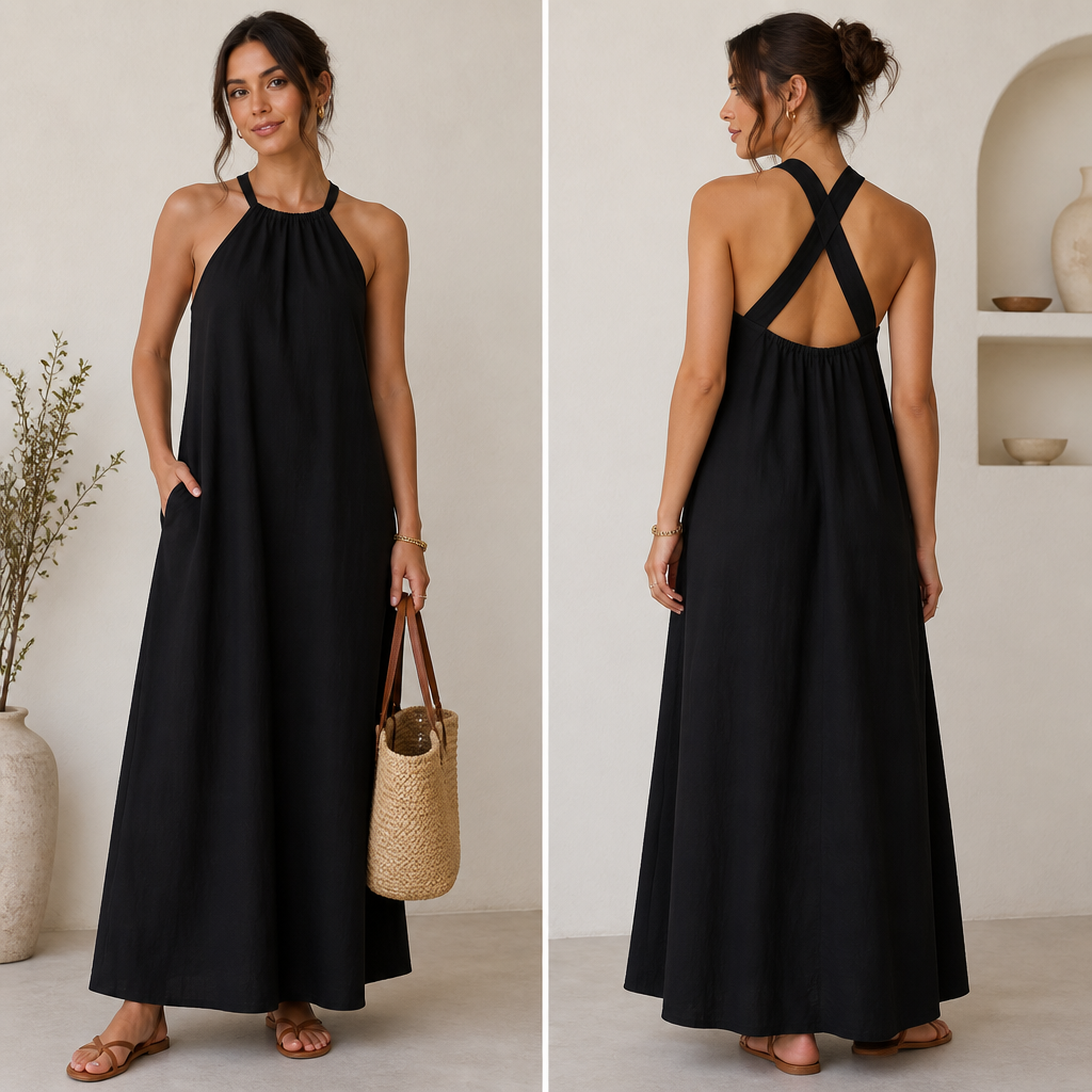 a black colour long dress with no sleeves and the 2 strapa of the dress go from the either sides of the neck and they cross at the back
Casual fashion design: Black cotton maxi dress, A-line silhouette, sleeveless, halter neckline with crossed back straps, relaxed fit.