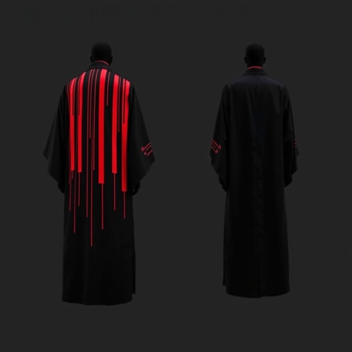 Design a men's kimono with a futuristic, minimalist aesthetic. On one side of the kimono, feature vertical lines in varying widths and lengths, randomly placed in red, creating a dynamic and fluid pattern. The other side should remain clean and simple, maintaining a sleek, modern silhouette. The base color should be black, with the red lines adding contrast and energy to one side. The overall design should combine a modern, shamanic feel, blending tradition with innovation, and evoke both spiritual and futuristic elements."