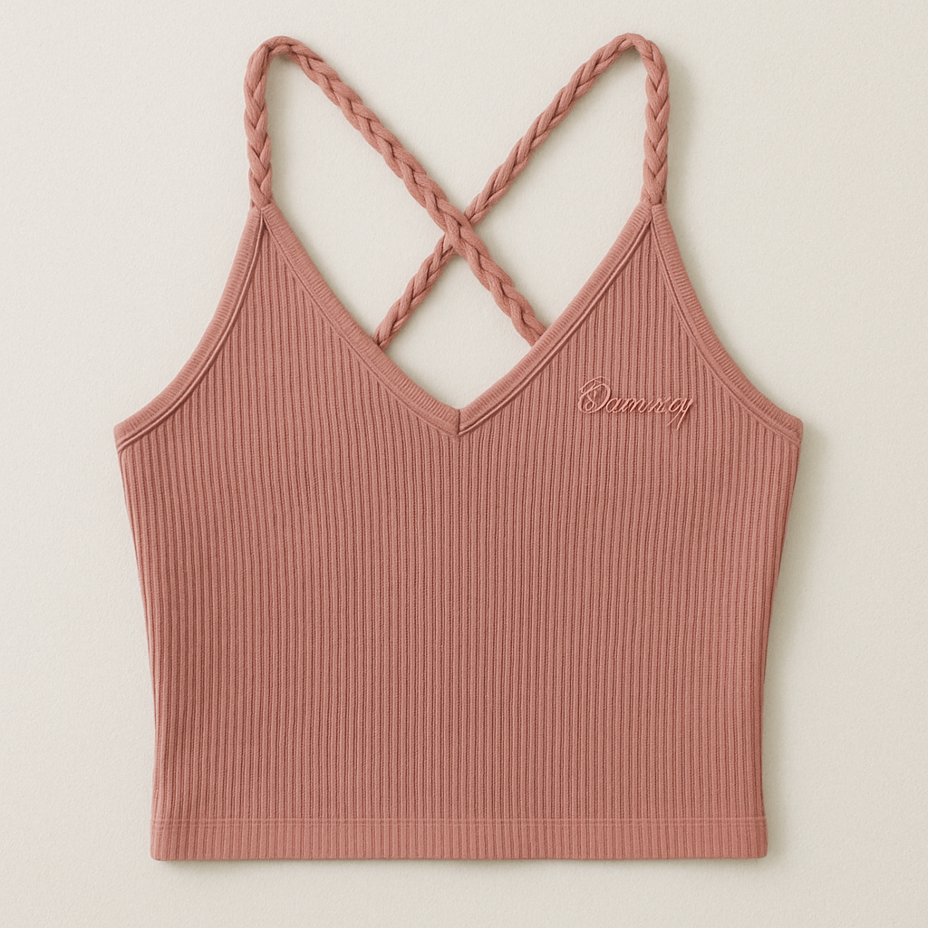 A fitted, feminine tank top inspired by the attached reference. The fabric is soft ribbed cotton in a dusty rose tone, designed to gently hug the body with a smooth, sculpted fit and cropped length just above the waist. The front features a modest draped V-neckline with braided straps for texture and detail. The back has crossed braided straps, but with a shallower scoop—not a deep V—providing more coverage while maintaining a graceful open-back look. The overall silhouette should appear sleek, minimal, and modern, with less fabric drape and no loose folds. Add delicate embroidery of the word “Beauty” in subtle tonal stitching near the right neckline to reflect the Beauty for Ashes theme.
Bohemian fashion design: Bohemian tank top: Fitted dusty rose ribbed cotton, cropped. Draped V-neck with braided straps. Crossed braided back straps, shallow scoop. Sleek, minimal. Delicate "Beauty" embroidery in tonal stitching near right neckline.