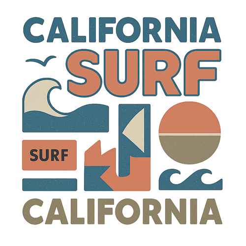Create a variety of streetwear-style t-shirt and hoodie graphics and logos, featuring bold, trendy designs inspired by California surf vibes and urban lifestyle. Include abstract patterns, oversized typography, retro logos, subtle animal motifs like seagulls, waves, sunsets, skaters, or cars. Designs should be youthful, casual, and edgy, suitable for screen printing on apparel. Use muted pastels, washed denim blues, and earth tones, with clean lines and modern style. Vector-ready, high-detail, wearable streetwear aesthetic logos