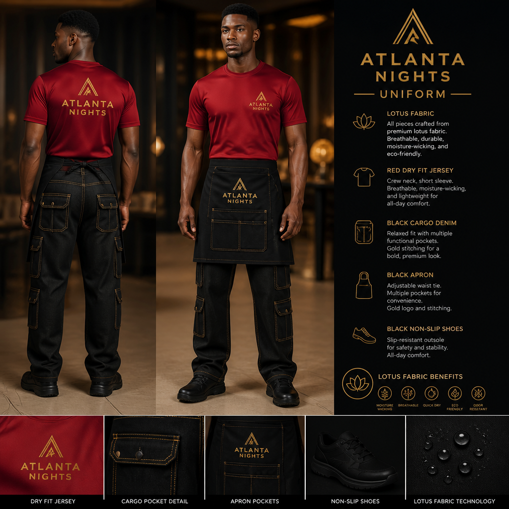 Mens wait staff uniform with red dry fit jersey with ATLANTA NIGHTS business logo with black cargo fit denim with multiple pockets and relaxed and gold stitching, streetwear inspired and black non-slip shoes. Include a black apron with the ATLANTA NIGHTS logo and pockets as well. The uniform is made of lotus fabric. Remove lotus flower from uniform
Men's uniform: Red Dry Fit Jersey with "ATLANTA NIGHTS" logo, crew neck, short sleeve. Black Cargo Denim, relaxed fit, multiple pockets, gold stitching. Black apron with "ATLANTA NIGHTS" logo, pockets. Black non-slip shoes. All made from lotus fabric.