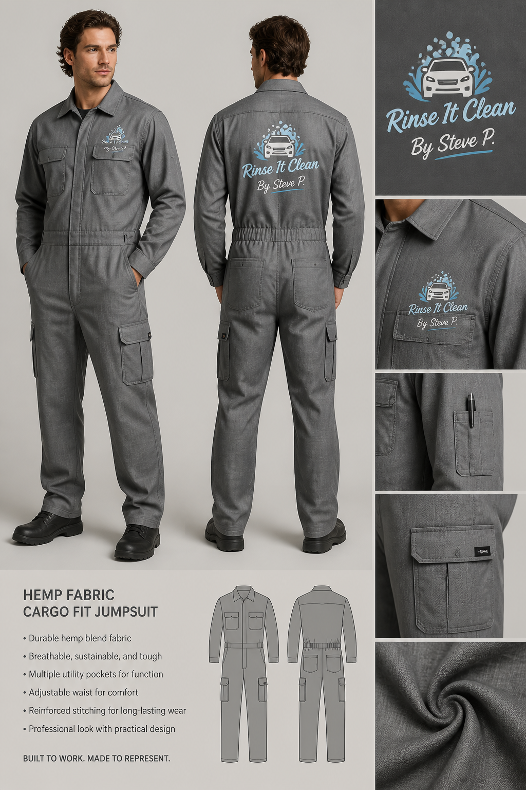 gray -colored Hemp fabric car-wash employee jumpsuit with company logo: Rinse It Clean By Steve P. . Has Cargo Fit
gray -colored Hemp fabric car-wash employee jumpsuit with company logo: Rinse It Clean By Steve P. . Has Cargo Fit