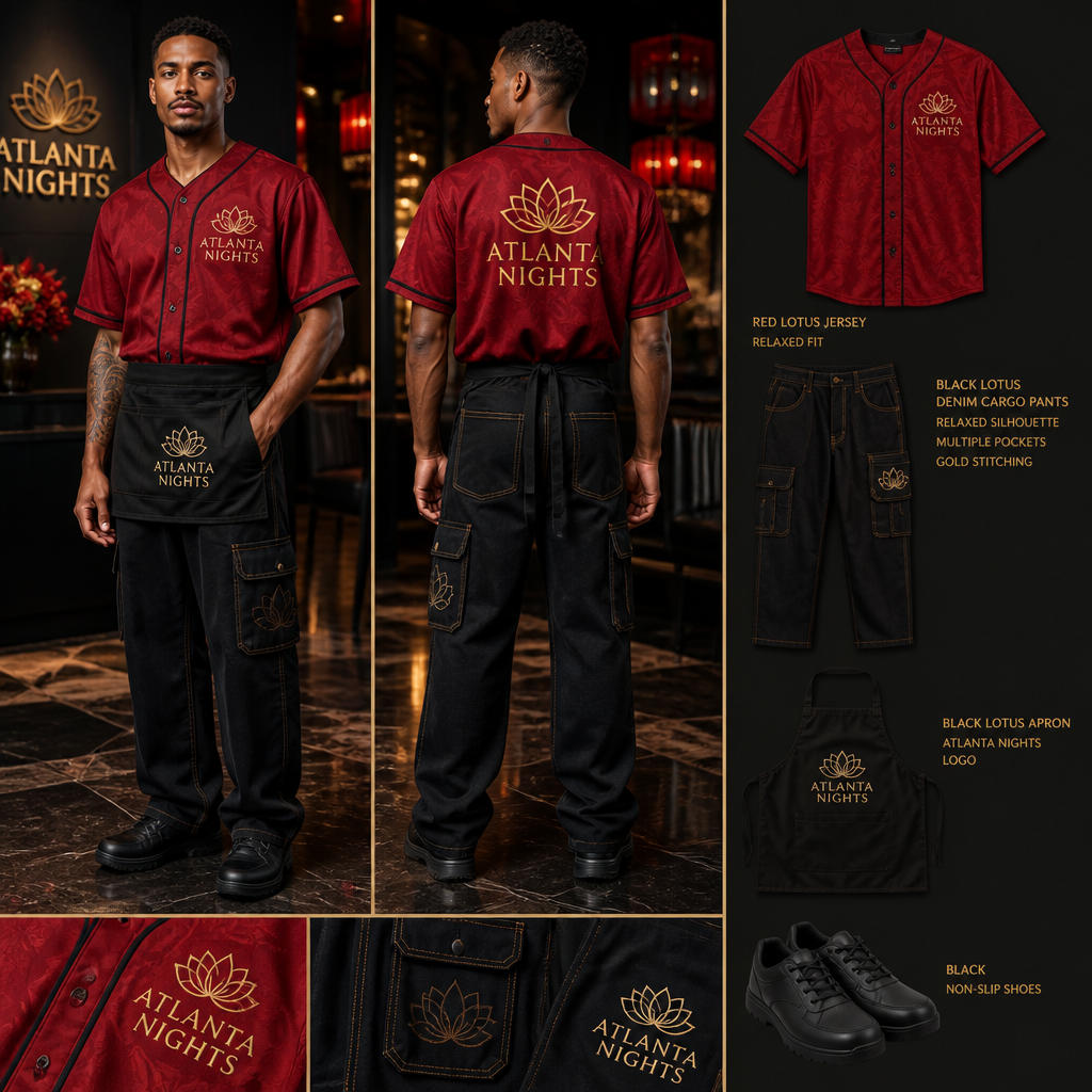 Mens wait staff uniform with red jersey with ATLANTA NIGHTS business logo with black cargo fit denim with multiple pockets and relaxed and gold stitching, streetwear inspired and black non-slip shoes. Include a black apron with the ATLANTA NIGHTS logo as well. Uniform is made of lotus fabric
Men's wait staff uniform. Red lotus jersey, relaxed fit, with "ATLANTA NIGHTS" logo. Black lotus denim cargo pants, multiple pockets, relaxed silhouette, gold stitching. Black non-slip shoes. Black lotus apron with "ATLANTA NIGHTS" logo.