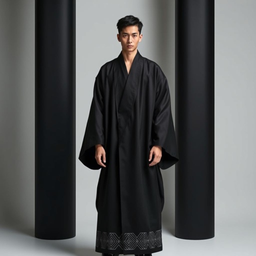 Design a men's kimono with a futuristic aesthetic, blending minimalist. Line vertical. Shaman futuristic. Black 