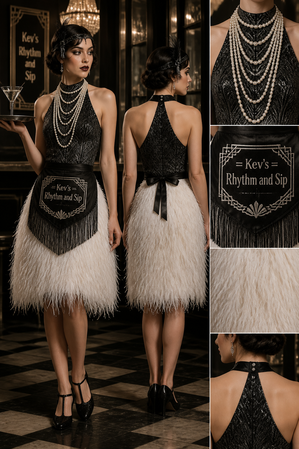 black and silver 1920s halter waitress uniform, textured top with white feathered knee-length uniform skirt, fringe apron with logo that says = Kev's Rhythm and Sip and layers of pearl necklaces
black and silver 1920s halter waitress uniform, textured top with white feathered knee-length uniform skirt, fringe apron with logo that says = Kev's Rhythm and Sip and layers of pearl necklaces