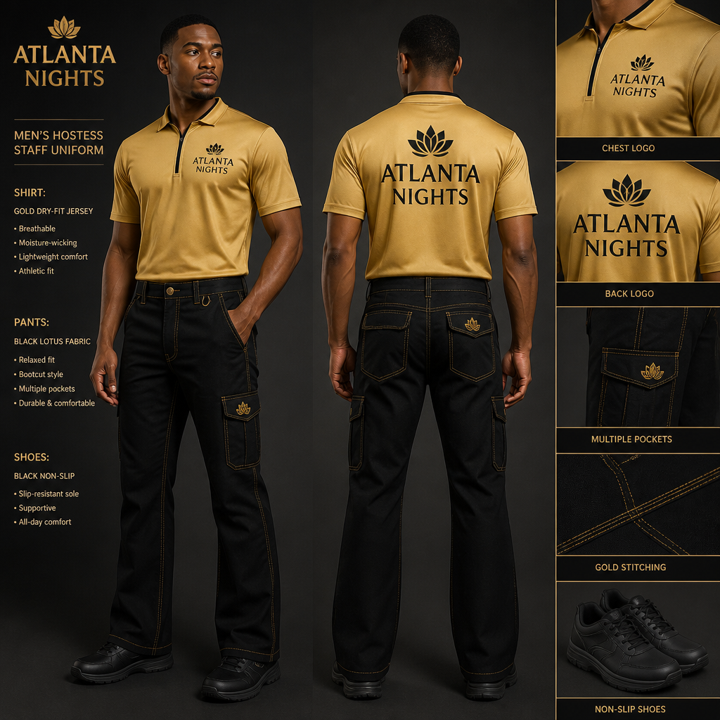 mens hostess staff uniform with gold dry fit jersey with ATLANTA NIGHTS business logo with black bootcut fit pants with multiple pockets and relaxed and gold stitching, streetwear inspired and black non-slip shoes. The uniform is made of lotus fabric. Remove lotus flower from the uniform
Men's hostess staff uniform: Gold dry-fit jersey with ATLANTA NIGHTS logo. Black lotus fabric bootcut pants, relaxed fit, multiple pockets, gold stitching. Black non-slip shoes.