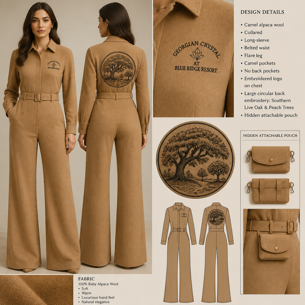 Camel collared, belted, and stretchy long-sleeve timeless elegance professional flare leg non-jean jumpsuit made of alpaca wool with black cursive font embroidered "Georgian Crystal at Blue Ridge Resort" logo with black stitching, then add camel pockets. Make sure non-sheen pockets have black stitching. Include an attachable hidden camel pouch to hold pens, a small pen pad, front office cordless phone, and front office keys. Large logo should include a black-stitched only Southern Live Oak Tree with Spanish Moss and Peach Trees with fallen peaches, influenced by the Atlanta skyline on the front chest area only, and The entire front chest logo size should be the size of a circular plate, including the resort name within the circular plate only. Create a design for women in the front office only. Remove back pockets. Make sure logo states = Georgian Crystal at Blue Ridge Resort
Camel alpaca wool jumpsuit. Collared, belted, long-sleeve, flare leg. Embroidered "Georgian Crystal at Blue Ridge Resort" logo on the chest, a large circular design with black stitching depicting a Southern Live Oak and Peach Trees. Camel pockets, no back pockets. Hidden attachable camel pouch.