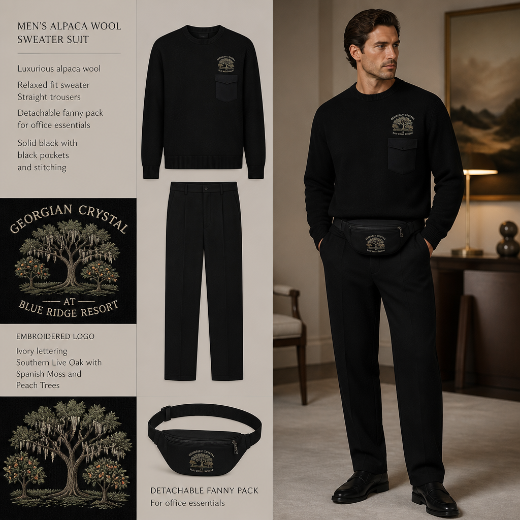 All Black warm long-sleeve alpaca wool full sweater suit with black pockets. Make sure pockets have black stitching. Include an attachable black sleek fanny pack to hold pens, a small pen pad, front office cordless phone, and front office keys. The logo should business name "Georgian Crystal at Blue Ridge Resort" embroidered with Ivory stitching, then include an embroidered Southern Live Oak Tree with Spanish Moss and Peach Trees with fallen peaches gracing it like the Atlanta skyline. Please create a design for men only.
Men's black alpaca wool sweater suit. Long-sleeve sweater, relaxed fit, straight trousers. Solid black with black pockets and stitching. Detachable black fanny pack for office essentials. Embroidered logo: "Georgian Crystal at Blue Ridge Resort" in ivory. Embroidered Southern Live Oak with Spanish Moss and peach trees.