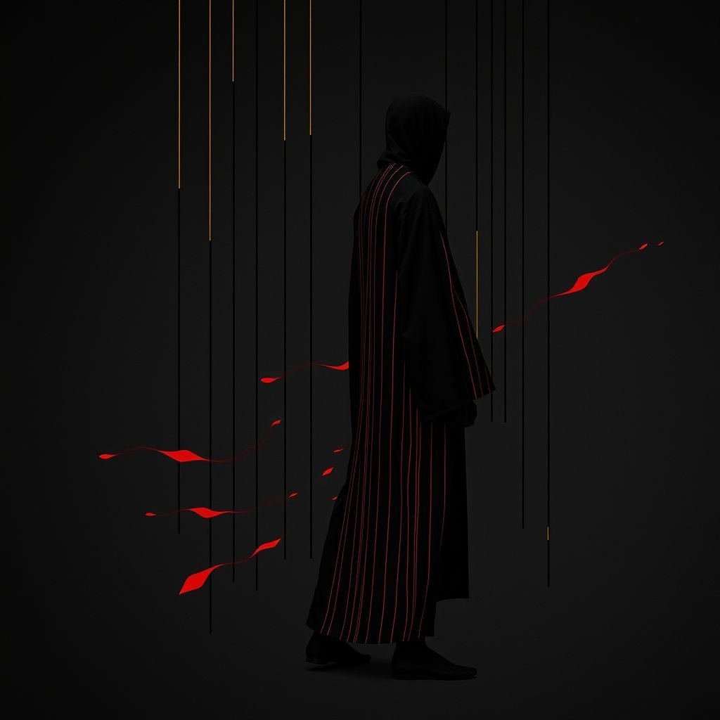 
Design a men's kimono with a futuristic, minimalist aesthetic. The kimono should feature vertical lines in varying widths and lengths, randomly placed across the fabric in red, creating a dynamic and fluid pattern. The base color should be black, with the red lines adding an energetic, yet balanced contrast. The design should evoke a modern and shamanic feel, blending tradition with innovation. The overall silhouette should be sleek, clean, and sophisticated, combining spiritual and futuristic elements."


Futuristic men's kimono. Minimalist silhouette. Black canvas, smooth finish. Vertical lines in varied widths, lengths, irregularly scattered across the fabric. Bold crimson streaks, dynamic and fluid. Ethereal shamanic essence, innovative fusion of tradition. Crisp edges, tailored fit. Sleek design exuding sophistication, an avant-garde statement of contemporary elegance and spiritual depth.