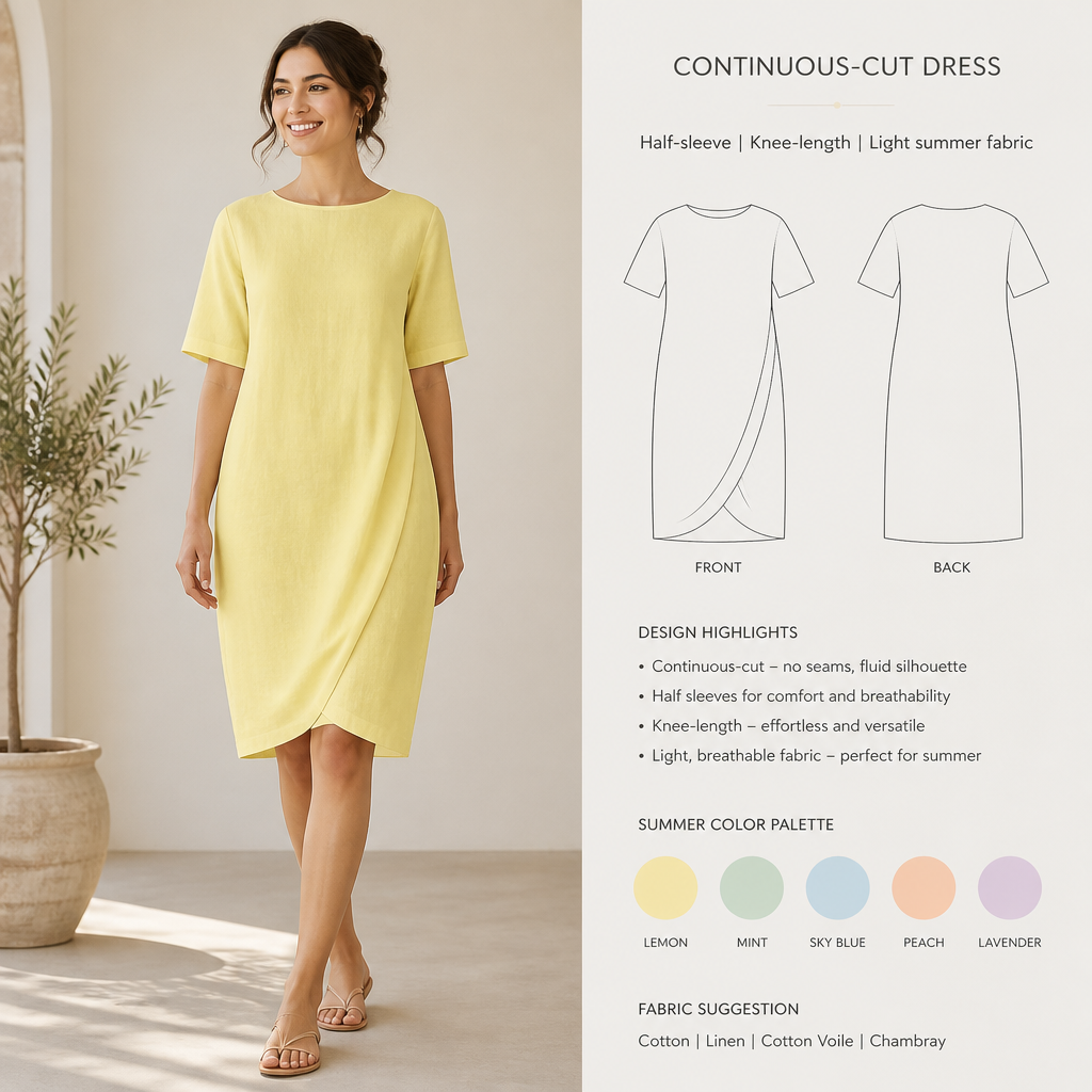 create one cut continous cut half sleeve till knee with summer colors on bronze model egypt light summer plain material
Create a half-sleeve, knee-length, continuous-cut dress in plain, light summer material with summer colors.