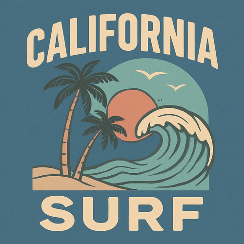 Create a collection of streetwear-inspired graphics and logos for t-shirts and hoodies, featuring oversized typography, minimalistic California surf motifs, palm trees, seagulls, waves, and abstract beach elements. Use a relaxed, youthful, urban style with muted pastels, washed denim blues, and earthy tones. Designs should look modern, trendy, and wearable, suitable for printing on apparel. High detail, vector-style clarity, bold yet casual aesthetic.