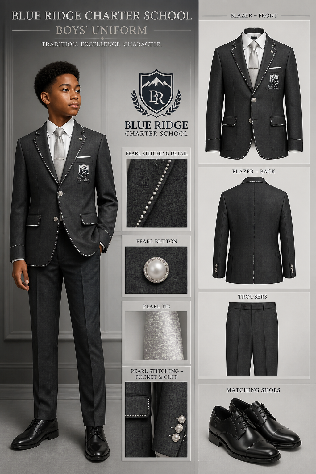 Boys' charter school charcoal gray blazer uniform. Include extra pearl stitching. School logo should state: Blue Ridge Charter School. Include matching shoes and pearl tie
Boys' charter school charcoal gray blazer uniform. Include extra pearl stitching. School logo should state: Blue Ridge Charter School. Include matching shoes and pearl tie
