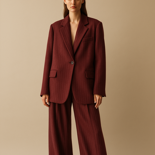 Full body shot of a female model wearing a bordeaux wool oversized blazer and matching palazzo pants, fabric with single thin vertical white pinstripes, evenly spaced, no double stripes, soft and luxurious wool texture, single button blazer (no extra buttons), no chest pocket, only two flap pockets at the bottom, oversized fit, elegant and powerful styling, minimal high fashion editorial photography, neutral background, soft luxury lighting, Vogue magazine style.”