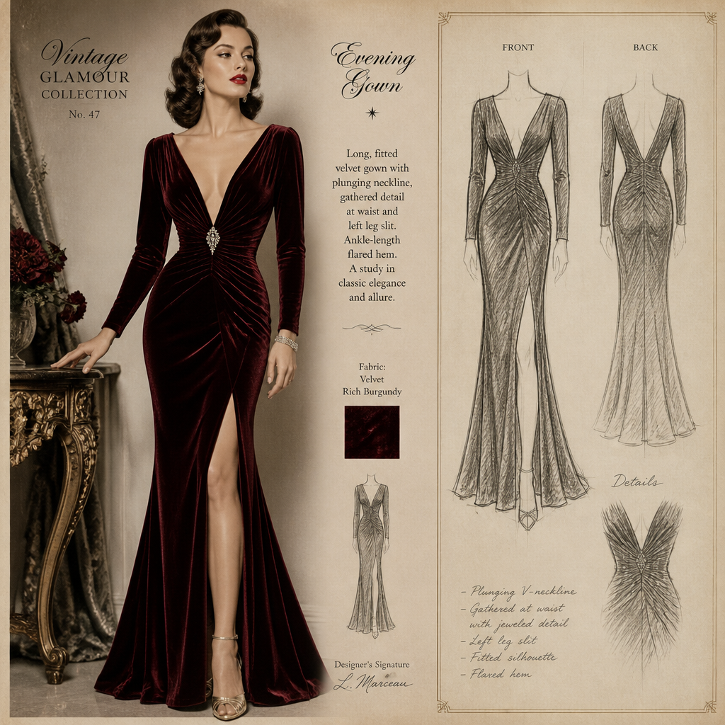 i want a long sexy dinner gown. the front view from waist to the ankle long and have the ild vintage dress flare style with a sleet on the left leg. the top would be sexy with my cleavage showing
Vintage fashion design: **Vintage Glamour Gown**
A long, fitted dinner gown in rich velvet, cascading to an ankle-length flared hem with a left leg slit. The plunging neckline accentuates the décolletage, embodying classic Hollywood allure.
