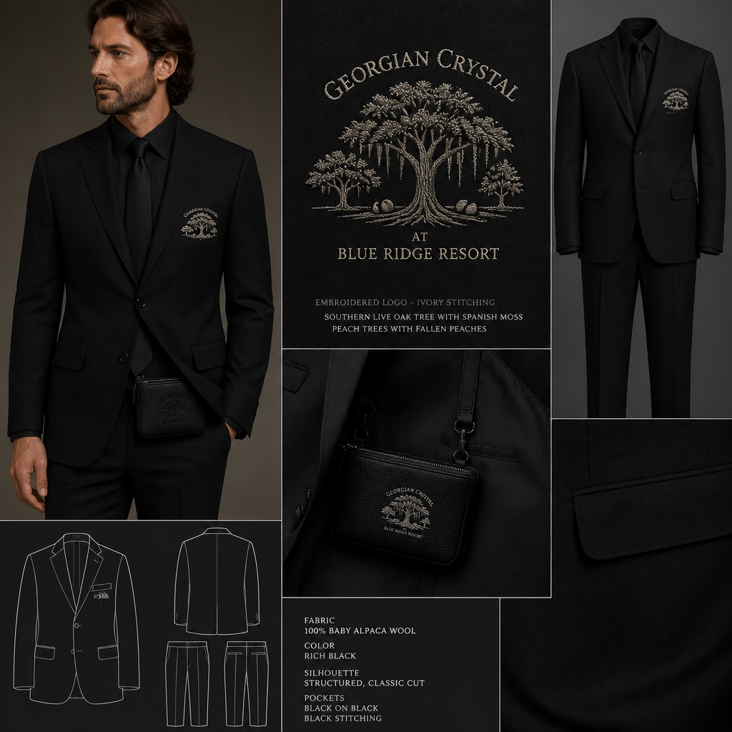 All Black warm long-sleeve alpaca wool suit with "Georgian Crystal at Blue Ridge Resort" embroidered front logo with Ivory stitching, then add black pockets. Make sure pockets have black stitching. Include an attachable black pouch under the cape to hold pens, a small pen pad, front office cordless phone, and front office keys. logo with Southern Live Oak Tree With Spanish Moss and Peach Trees with fallen peaches gracing like the Atlanta skyline. Please create design for men only.
Men's black alpaca wool suit. Long-sleeve, structured silhouette, classic cut. "Georgian Crystal at Blue Ridge Resort" embroidered logo with ivory stitching, featuring Southern Live Oak Tree with Spanish Moss and Peach Trees with fallen peaches. Black pockets with black stitching. Attachable black pouch for essentials under suit jacket.