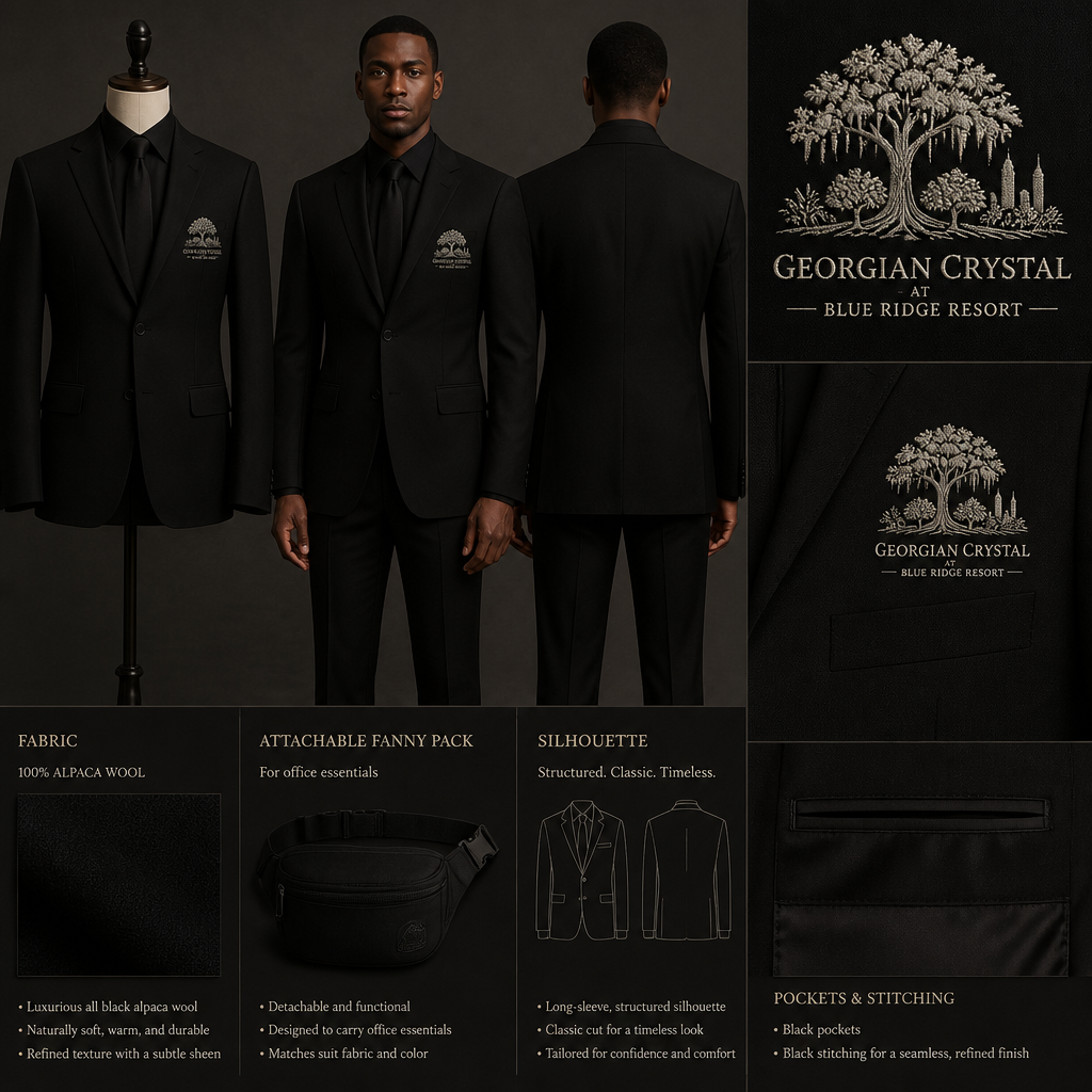 All Black warm long-sleeve alpaca wool suit with "Georgian Crystal at Blue Ridge Resort" embroidered front logo with Ivory stitching, then add black pockets. Make sure pockets have black stitching. Include an attachable black sleek fanny pack to hold pens, a small pen pad, front office cordless phone, and front office keys. logo with Southern Live Oak Tree With Spanish Moss and Peach Trees with fallen peaches gracing like the Atlanta skyline. Please create design for men only.
Men's suit, all black alpaca wool. Long-sleeve, structured silhouette, classic cut. "Georgian Crystal at Blue Ridge Resort" logo on front, ivory embroidery. Black pockets, black stitching. Attachable black fanny pack for office essentials. Logo: Southern Live Oak Tree with Spanish Moss and Peach Trees with fallen peaches, like Atlanta skyline.