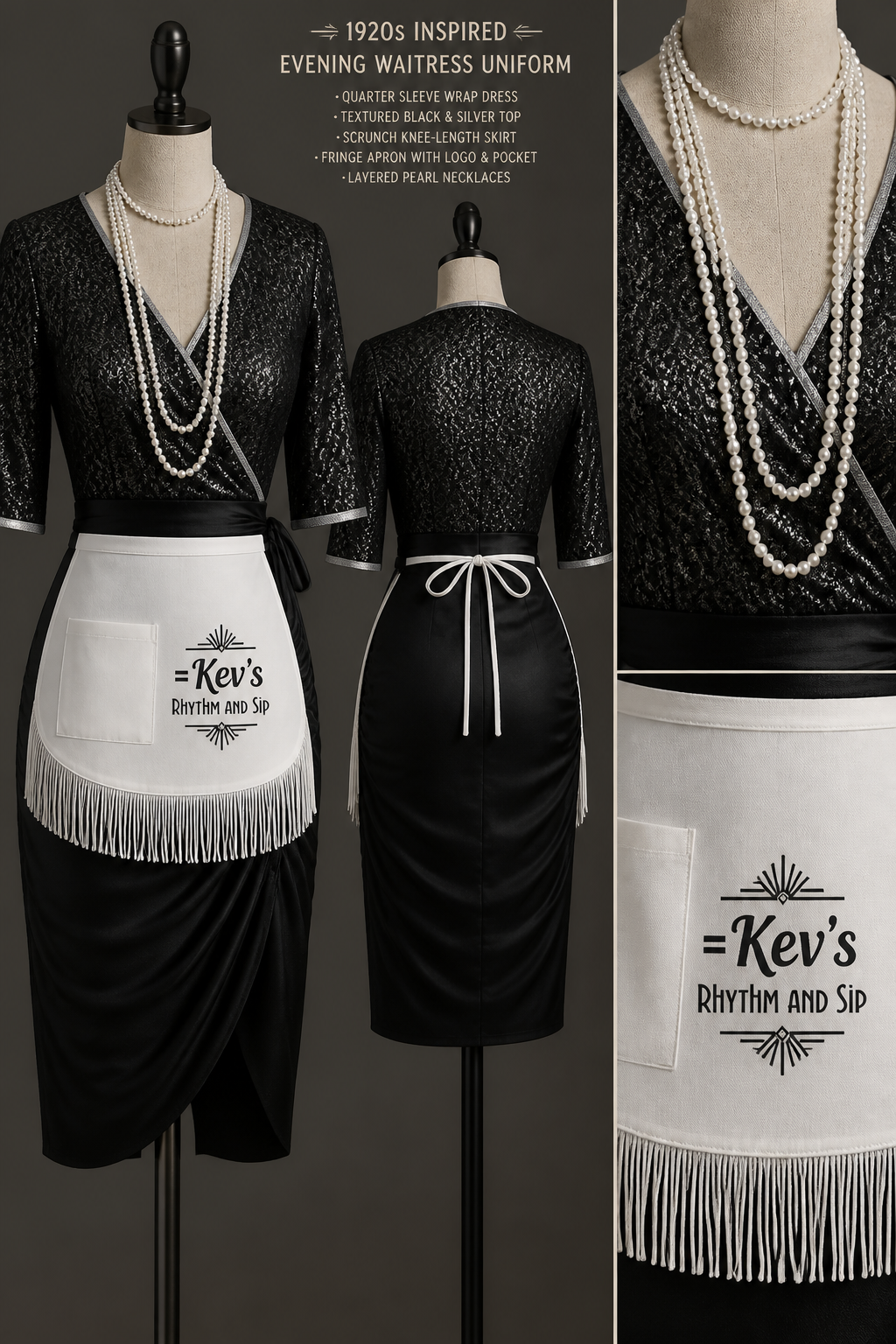 black and silver 1920s quarter-sleeve wrap evening waitress scrunch knee-length uniform dress with textured top only and no fringe and a fringe white apron with logo that says = Kev's Rhythm and Sip with a pocket and then add layers of pearl necklaces
black and silver 1920s quarter-sleeve wrap evening waitress scrunch knee-length uniform dress with textured top only and no fringe and a fringe white apron with logo that says = Kev's Rhythm and Sip with a pocket and then add layers of pearl necklaces