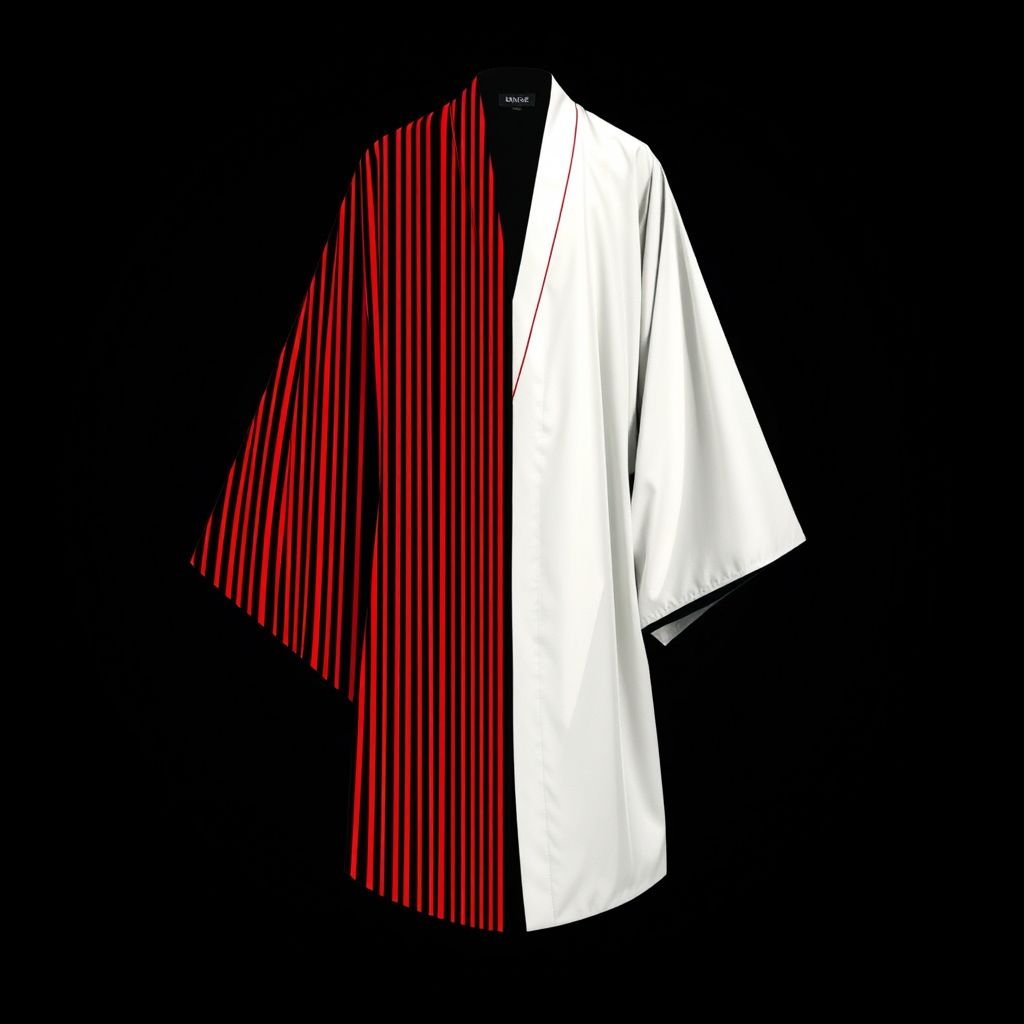 Design a men's kimono with a futuristic, minimalist aesthetic. On one side of the kimono, feature vertical lines in varying widths and lengths, randomly placed in red, creating a dynamic and fluid pattern. The other side should remain clean and simple, maintaining a sleek, modern silhouette. The base color should be black, with the red lines adding contrast and energy to one side. The overall design should combine a modern, shamanic feel, blending tradition with innovation, and evoke both spiritual and futuristic elements."
Men's kimono embodying a futuristic, minimalist aesthetic. One side adorned with dynamic vertical lines in vibrant red, varying widths and lengths, exuding energy and fluidity. Opposite side pristine and sleek, enhancing modern silhouette. Deep black base color accentuates striking contrast, merging traditional craftsmanship with innovative design, radiating both spiritual and avant-garde essence.