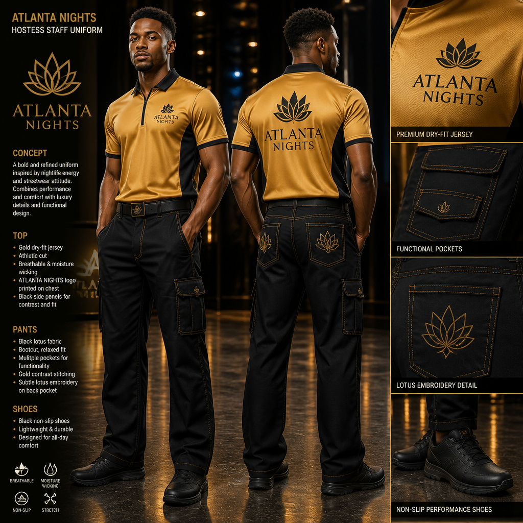 mens hostess staff uniform with gold dry fit jersey with ATLANTA NIGHTS business logo tucked in with black bootcut fit pants with multiple pockets and relaxed and gold stitching, streetwear inspired and black non-slip shoes. The uniform is made of lotus fabric. Remove lotus flower symbol from the uniform
Men's hostess staff uniform: Gold dry-fit jersey, athletic cut, with ATLANTA NIGHTS logo. Black bootcut pants, relaxed fit, multiple pockets, gold stitching. Streetwear-inspired, lotus fabric. Black non-slip shoes.