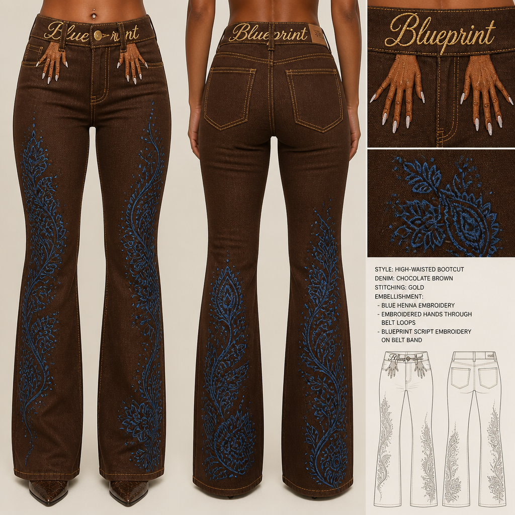 high waisted Chocolate brown bootcut jeans with gold stitching, blueprint embroidery in large cursive font spanning the entire belt band area, including embroidered women's manicured hands with long nails through front belt loops, add blue henna on pants legs
High-waisted, bootcut denim jeans in chocolate brown. Gold stitching. Blueprint embroidery in large cursive font on the belt band. Embroidered women's manicured hands with long nails through front belt loops. Blue henna pattern on pants legs.