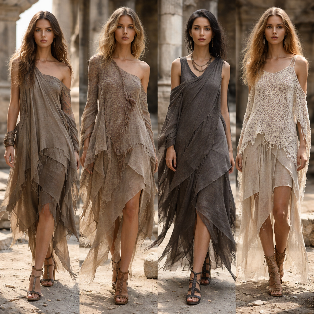 Coleccion inspirada en la estructura de la Ruina de los Quilmes, usando elementos como las lineas sinuosas, paleta de colores grises y tierra, y tejidos de lineas gruesas, con puntos cerrados expandiendose como si se estuviera desvaneciendo, haciendo alusion a las ruinas que se deshacen. Piezas en tejido de crochet, junto con lanilla y lino. Necesito 30 figurinos
Asymmetric fashion design: **Asymmetric Ruin-Inspired Collection**
**Prompt:** Asymmetric dresses and tunics, inspired by ancient ruins. Flowing silhouettes with uneven hemlines and jagged edges. Fabric: textured linen, soft crocheted knits, and fine wool, in shades of gray, beige, and earthy brown. Loose, comfortable fit with dynamic, irregular cuts.