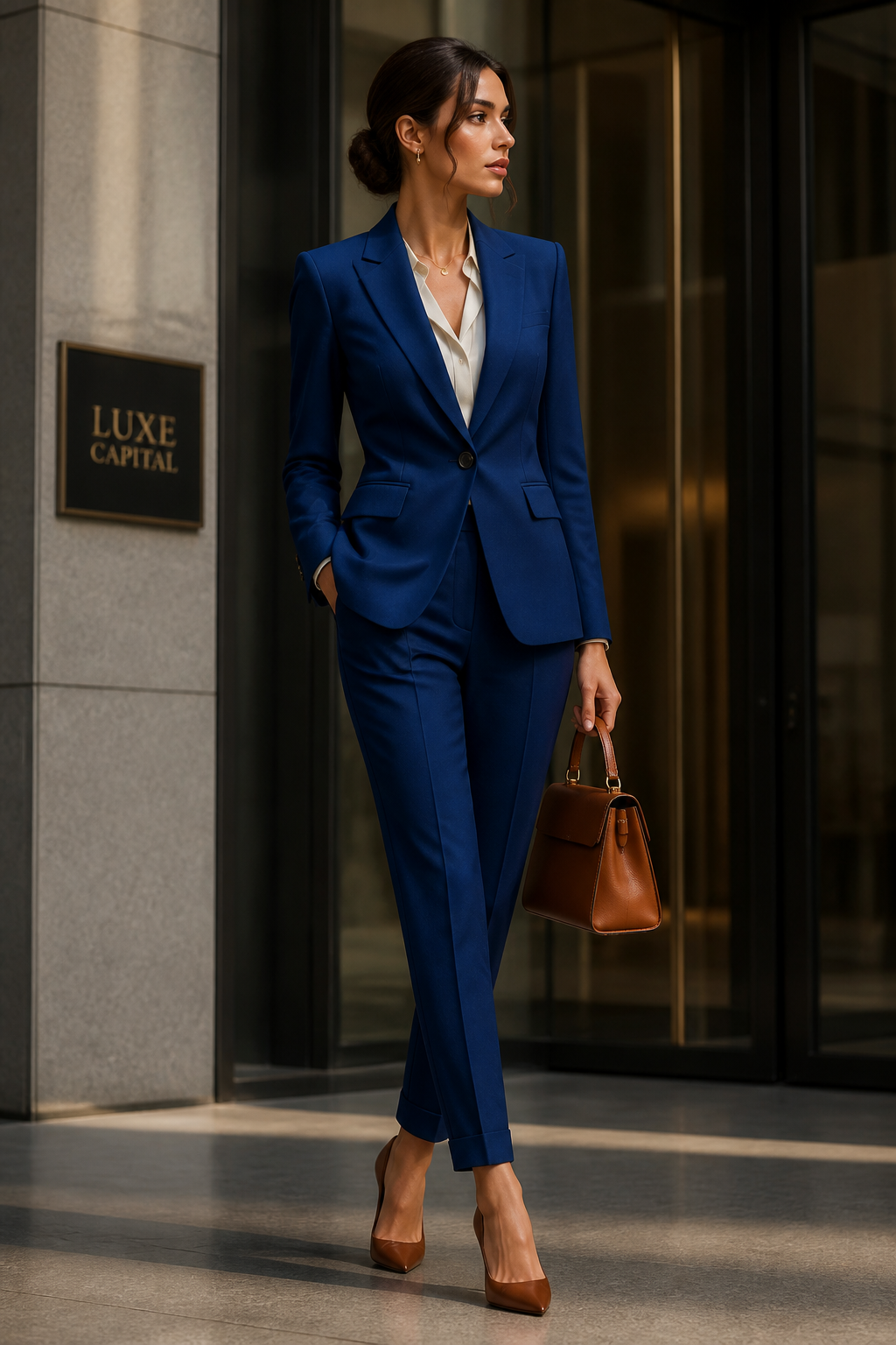 blue suit with cognac brown stilettos
blue suit with cognac brown stilettos, business style