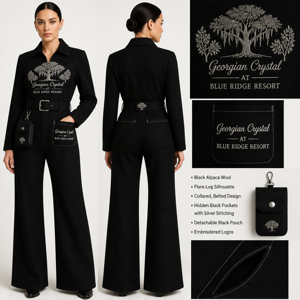 Black warm collared, belted, and stretchy long-sleeve timeless elegance professional flare leg jumpsuit made of alpaca wool with silver cursive font embroidered "Georgian Crystal at Blue Ridge Resort" on front logo pocket with silver stitching, then add hidden black pockets. Make sure non-sheen pockets have silver stitching. Include an attachable hidden black pouch to hold pens, a small pen pad, front office cordless phone, and front office keys. Large logo should include a silver-stitched only Southern Live Oak Tree with Spanish Moss and Peach Trees with fallen peaches, influenced by the Atlanta skyline on the front chest area only, and The entire front chest logo size should be the size of a circular plate, including the resort name within the circular plate. Create a design for women in the front office only.
Black alpaca wool jumpsuit. Professional flare-leg silhouette, collared, belted. Embroidered logo with "Georgian Crystal at Blue Ridge Resort" on front pocket. Hidden black pockets with silver stitching. Attachabe black pouch. Large front chest logo with Southern Live Oak Tree, Spanish Moss, Peach Trees, and resort name.