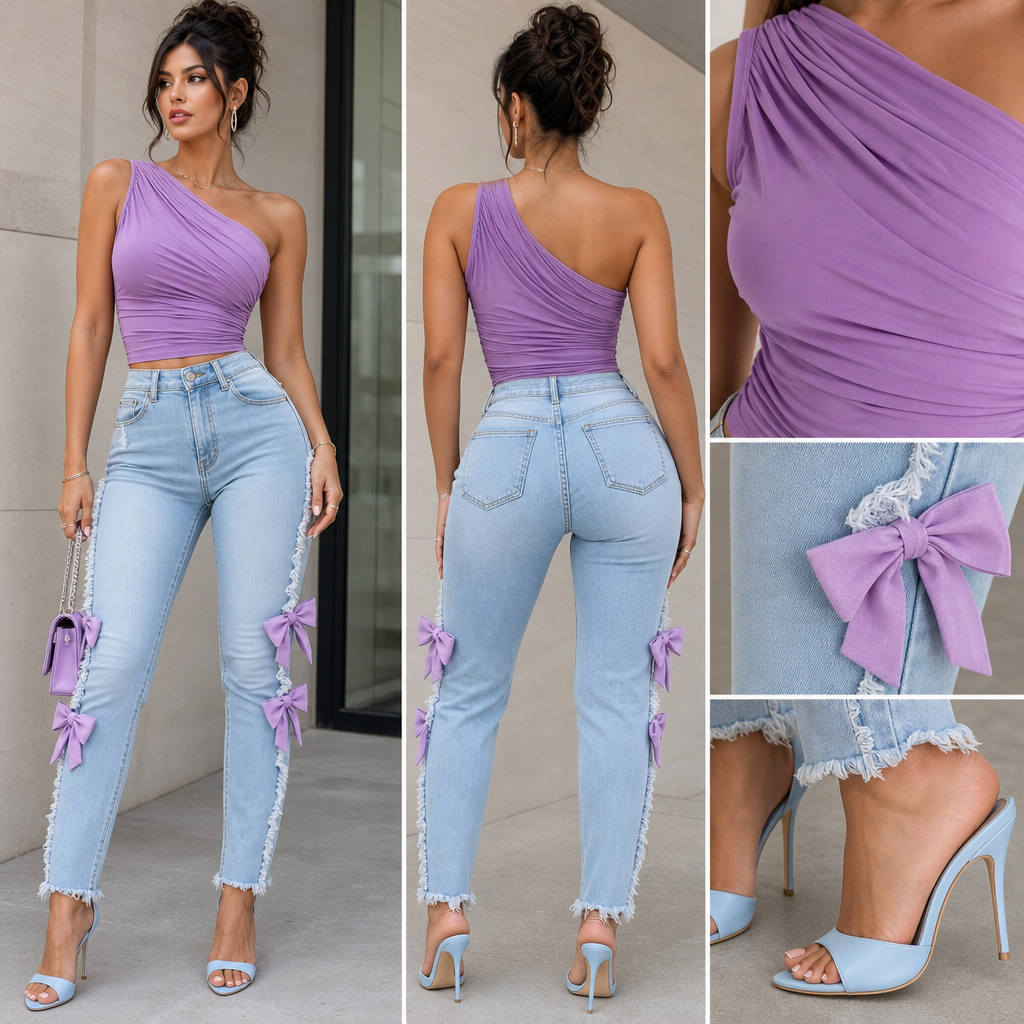 Orchid color one shoulder top tight. With sky blue jeans and orchid bow ties on frayed jeans. Sky blue Jean heel.
Orchid color one shoulder top tight. With sky blue jeans and orchid bow ties on frayed jeans. Sky blue Jean heel. , contemporary style