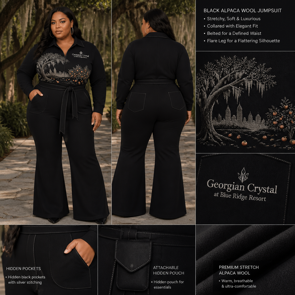 Black warm collared, belted, and stretchy long-sleeve timeless elegance professional flare leg jumpsuit made of alpaca wool with silver cursive font embroidered "Georgian Crystal at Blue Ridge Resort" logo pocket with silver stitching, then add hidden black pockets. Make sure non-sheen pockets have silver stitching. Include an attachable hidden black pouch to hold pens, a small pen pad, front office cordless phone, and front office keys. Large logo should include a silver-stitched only Southern Live Oak Tree with Spanish Moss and Peach Trees with fallen peaches, influenced by the Atlanta skyline on the front chest area only, and The entire front chest logo size should be the size of a circular plate, including the resort name within the circular plate only. Create a design for women in the front office only. Show on plus size model
Black alpaca wool jumpsuit. Collared, belted, flare leg. Stretchy fabric. Features embroidered "Georgian Crystal at Blue Ridge Resort" logo. Hidden black pockets with silver stitching. Attachabe hidden black pouch for essentials. Large silver-stitched Southern Live Oak Tree, Spanish Moss, Peach Trees with fallen peaches, and Atlanta skyline influence on the chest. Designed for women. Plus-size model.