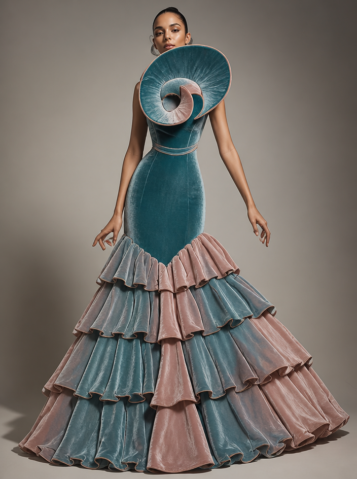Sketch to design: I will give you some sketch I want you to do the same sketch use Turquoise blue velvet and baby pink blend the colors nicely for the dress and yered flares and the spiral structure
Turn this fashion sketch into a photorealistic photograph of the finished garment worn by a model in a studio with soft editorial lighting. Stay faithful to the sketch's silhouette, proportions and details. No text, no annotations, just the finished garment photograph. Fabric, color and styling directions: I will give you some sketch I want you to do the same sketch use Turquoise blue velvet and baby pink blend the colors nicely for the dress and yered flares and the spiral structure.