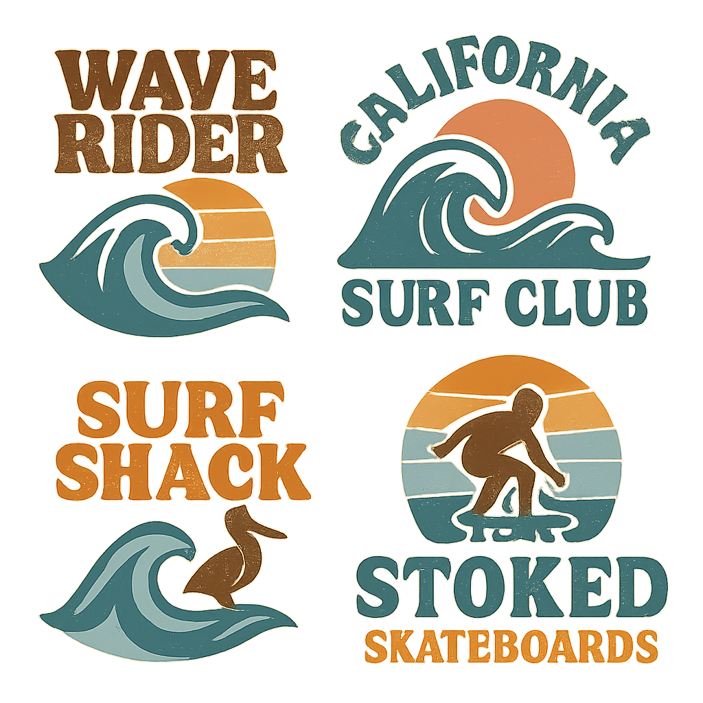 Create a variety of plain streetwear-style logos, featuring bold, trendy designs inspired by California surf and urban lifestyle. Include abstract patterns, oversized typography, retro logos, subtle animal motifs like seagulls, waves, sunsets, skaters, or cars. Designs should be youthful, casual, and edgy, suitable for screen printing on apparel. Use muted pastels, washed denim blues, and earth tones, with clean lines and modern style. Vector-ready, high-detail

Vintage fashion design: Create streetwear logos with a 1970s surf and skate vibe. Focus on bold typography, stylized waves, sunsets, and minimal animal motifs. Use muted pastels, denim blues, and earth tones. Designs should be clean, vector-ready, and suitable for screen printing.