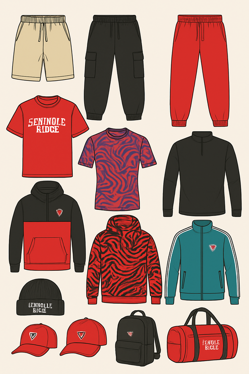 create street wear brand with loose-legged sweat shorts and loose legged sweat pants with close grips sweat pants joggers and cargo sweat pants .create t-shirts short sleevecompression shirts long sleeve compression shirts sleeves for running compressiong shorts no sleeve compression shirts hats,skullys,,bookbags,dufflebags,quater zip up hoodie,full zip up hoodie,pull over hoodies, tracksuits and track uniforms for seminole ridge track and feild but make it look exotic and creative because the other design boards look boring