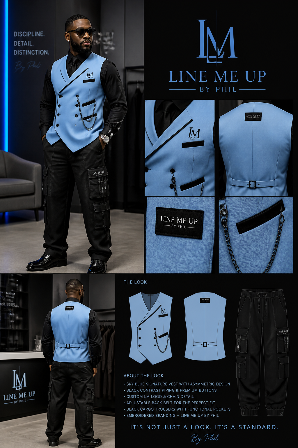 Include logo: Line Me Up By Phil. Show a black man owner dressed in a special sky blue suit vest with black cargo trousers
Include logo: Line Me Up By Phil. Show a black man owner dressed in a special sky blue suit vest with black cargo trousers