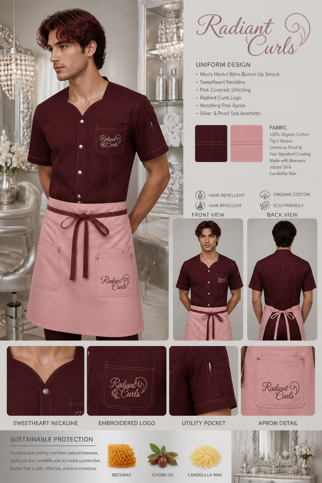 Mens merlot wine hair school uniform button up smock with extra pink stitching and sweetheart neckline. Include logo: Radiant Curls. Include a pink-colored apron with Merlot wine stitching. Spa decor should be silver and pearl. Uniform fabric should be 100% organic cotton tight weave treated with a chemical-proof and hair-repellent coating made of beeswax, jojoba oil, and candelilla wax.
Mens merlot wine hair school uniform button up smock with extra pink stitching and sweetheart neckline. Include logo: Radiant Curls. Include a pink-colored apron with Merlot wine stitching. Spa decor should be silver and pearl. Uniform fabric should be 100% organic cotton tight weave treated with a chemical-proof and hair-repellent coating made of beeswax, jojoba oil, and candelilla wax.