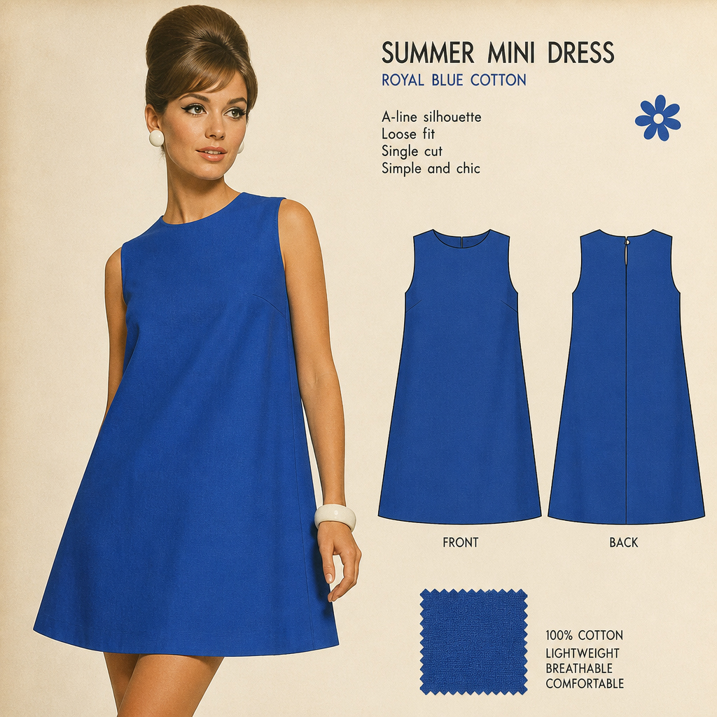 create one cut continuous cut for summer short cut dress royal blue Egyptian bronze model
Retro fashion design: Summer mini dress, royal blue cotton. A-line silhouette, loose fit, single cut. Simple and chic.