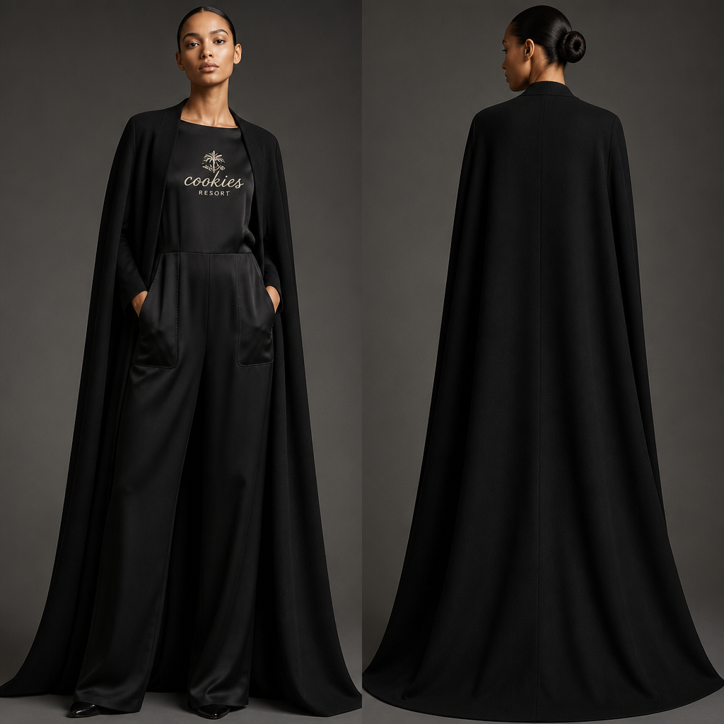All-black warm long-sleeve cape, same length front and back all around one piece jumpsuit with cookies resort logo with ivory stitching, then add black pockets. make sure pockets have black stitching only
**All-black cashmere wool long-sleeve cape, floor-length A-line silhouette. Black satin jumpsuit, relaxed fit, wide-leg, with embroidered cookies resort logo with ivory stitching on bodice. Black patch pockets with black stitching, at hip level.**