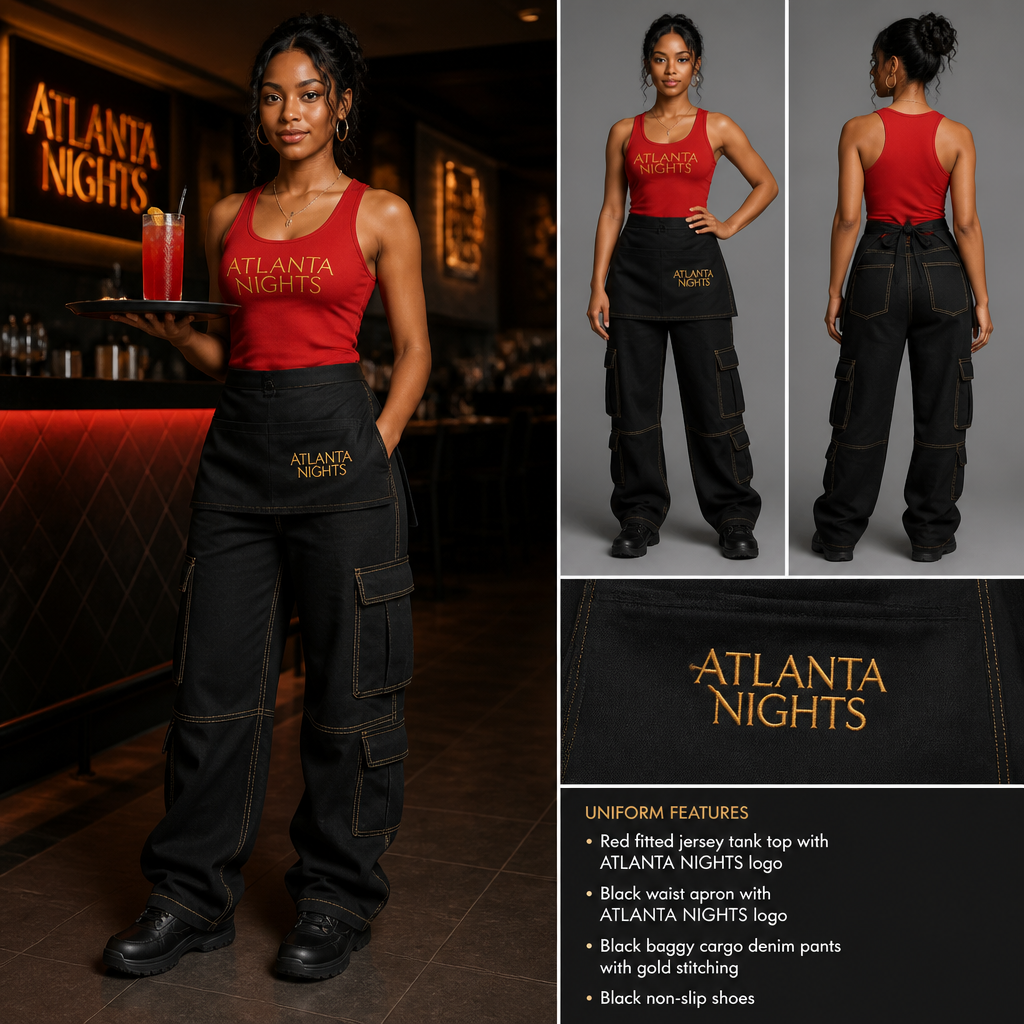 womens wait staff uniform with red sleeveless, fitted jersey with ATLANTA NIGHTS business logo tucked in with black baggy cargo fit denim with multiple pockets and relaxed and gold stitching, streetwear inspired and black non slip shoes. Include a black apron with the ATLANTA NIGHTS logo as well
Women's wait staff uniform:
Red fitted jersey tank top with "ATLANTA NIGHTS" logo, tucked in.
Black baggy cargo denim pants with multiple pockets, relaxed fit, gold stitching.
Black apron with "ATLANTA NIGHTS" logo.
Black non-slip shoes.