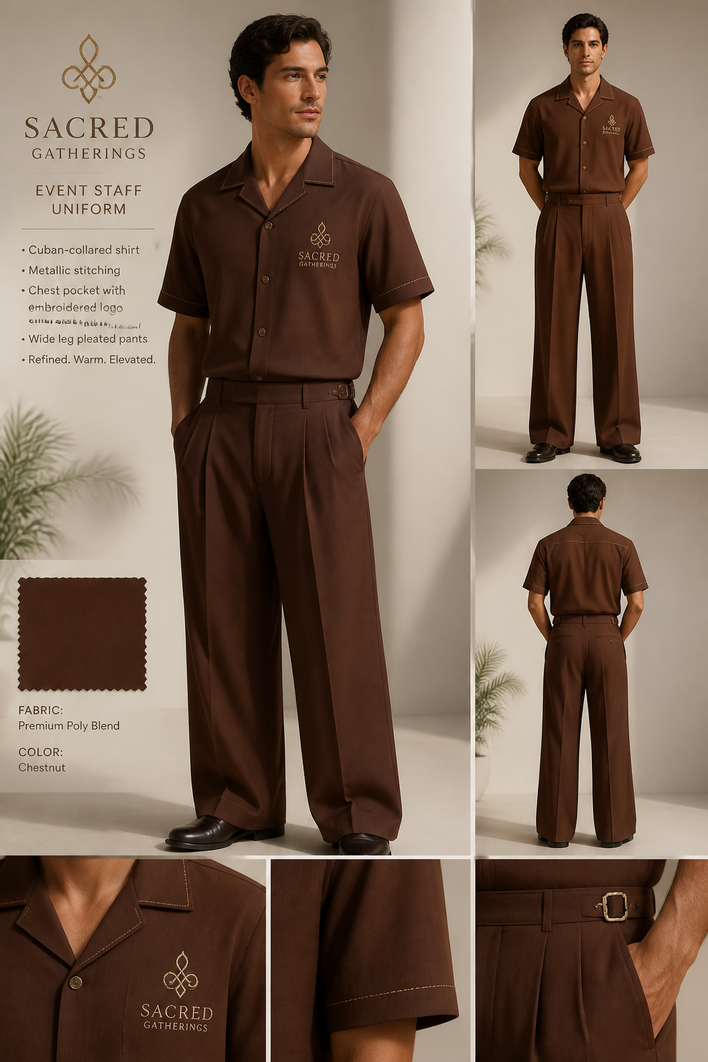 Men's chestnut-colored event staff uniform with Cuban-collared shirt and wide leg pleated pants. Metallic stitching Company logo: Sacred Gatherings
Men's chestnut-colored event staff uniform with Cuban-collared shirt and wide leg pleated pants. Metallic stitching Company logo: Sacred Gatherings